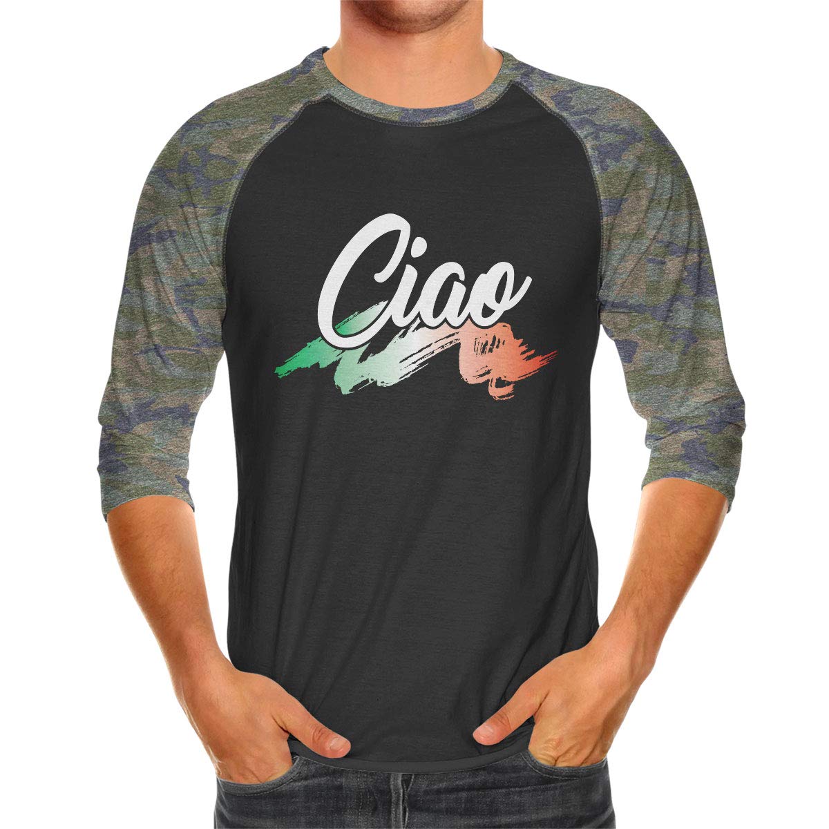 SpiritForged Apparel Ciao Italian Flag Unisex 3/4 Raglan Baseball Tee - Comfortable Casual Wear for Sports, Travel & Italian Pride Events