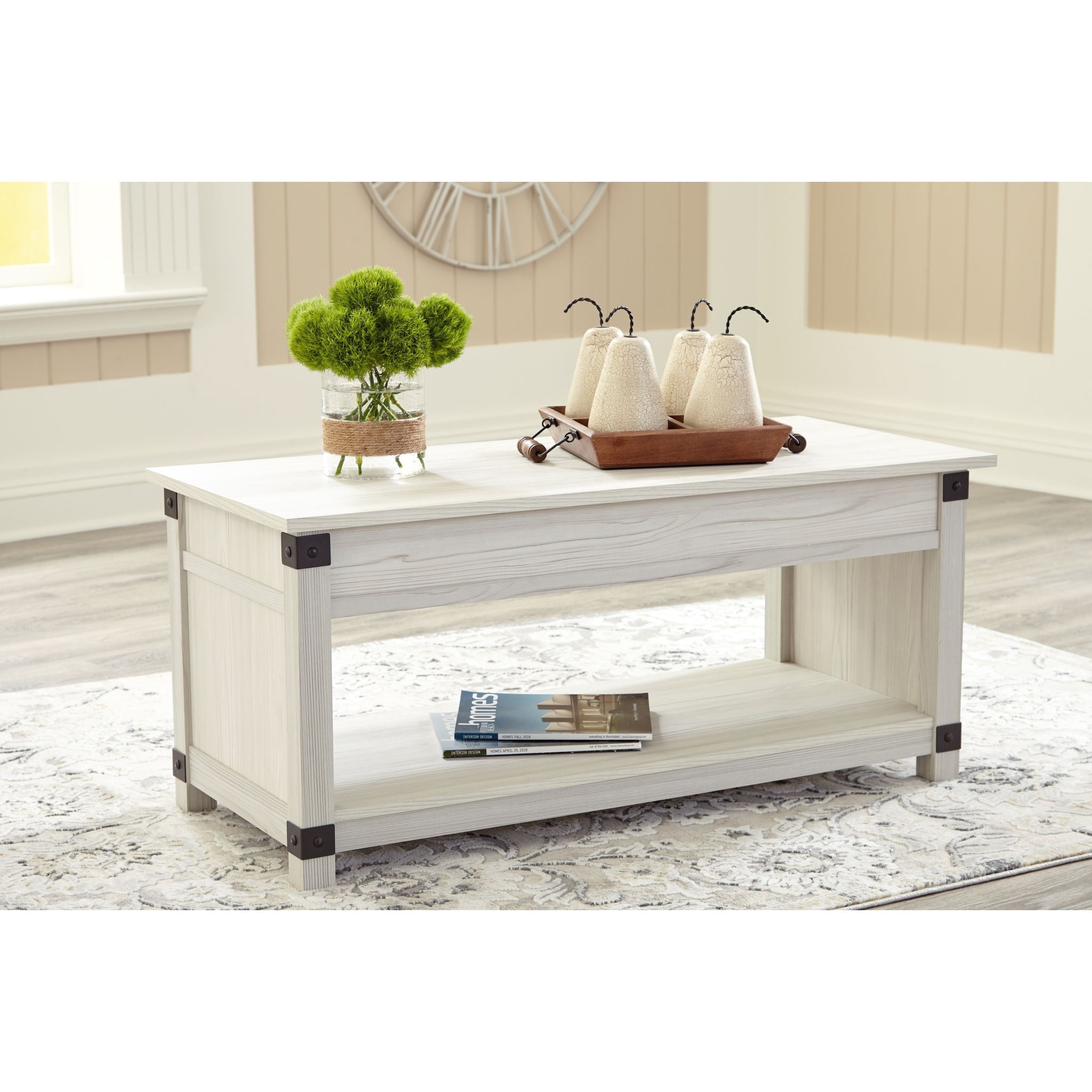 Bayflynn Rectangle Lift Top Cocktail Table - Whitewashed Finish for Living Room, Bedroom, or Office Use