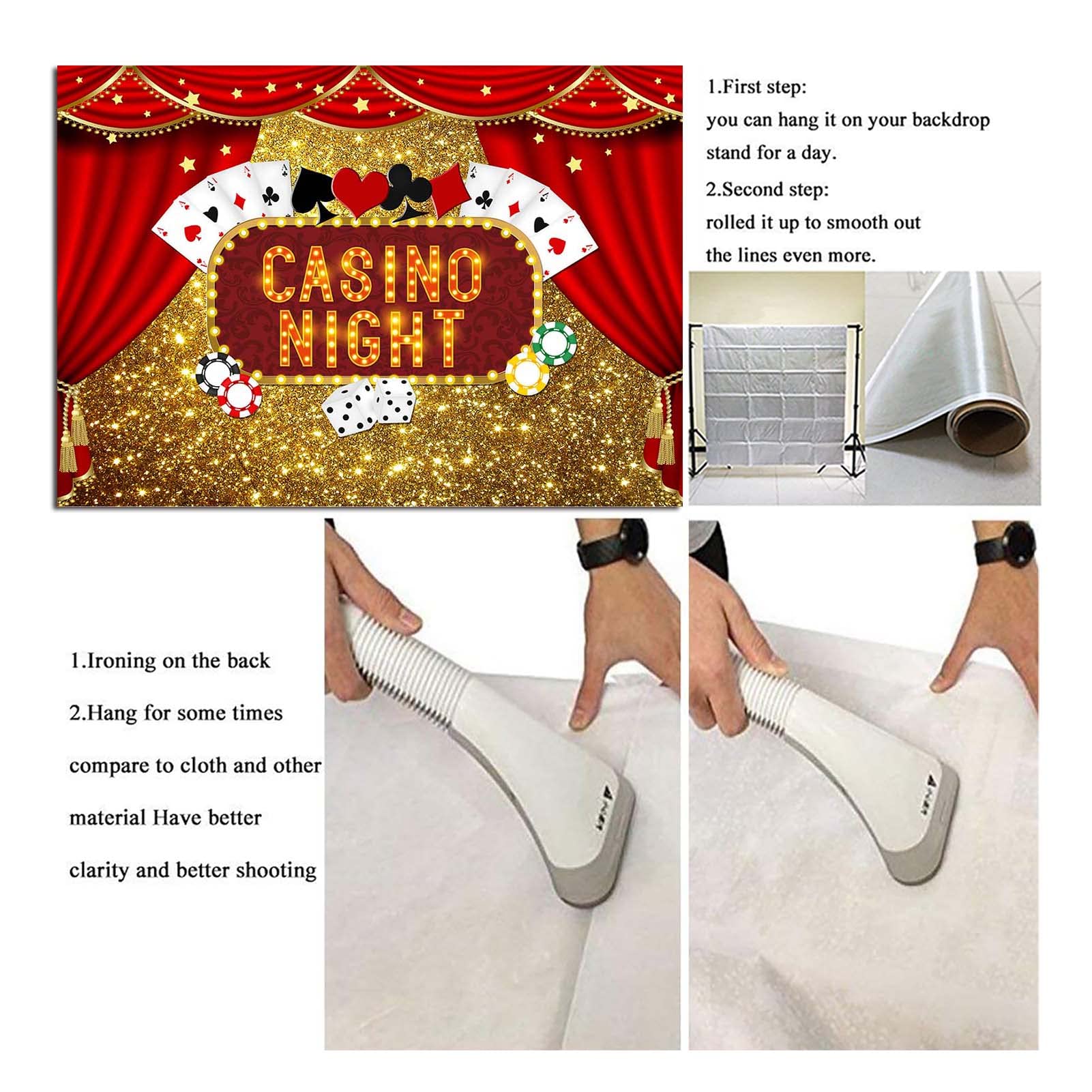 Las Vegas Gold Glitter Bokeh Photography Backdrop 7x5ft - Casino Night Poker Dice Red Curtain Photo Background for Birthday Parties, Prom, Studio Shoots & Dessert Table Decor | Polyester Party Banner & Booth Props
