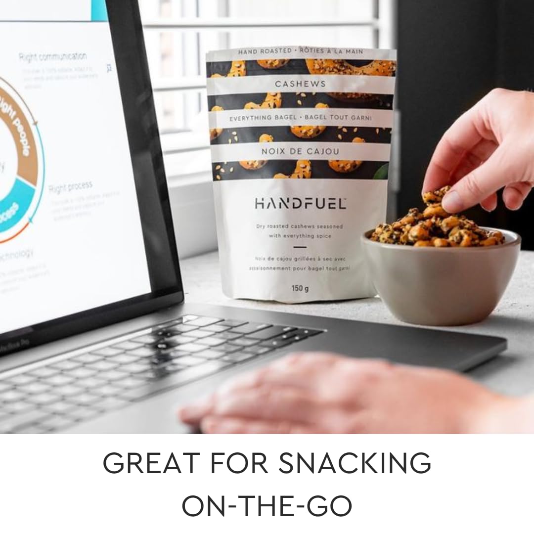 Handfuel Everything Bagel Cashews - Hand Roasted Salted Cashews with 7g Protein | Canadian Made Plant Based Flavored Nuts | 40g Per Pouch (12 Count) | Perfect for Snacking, Gifts & Healthy On-the-Go Lifestyle