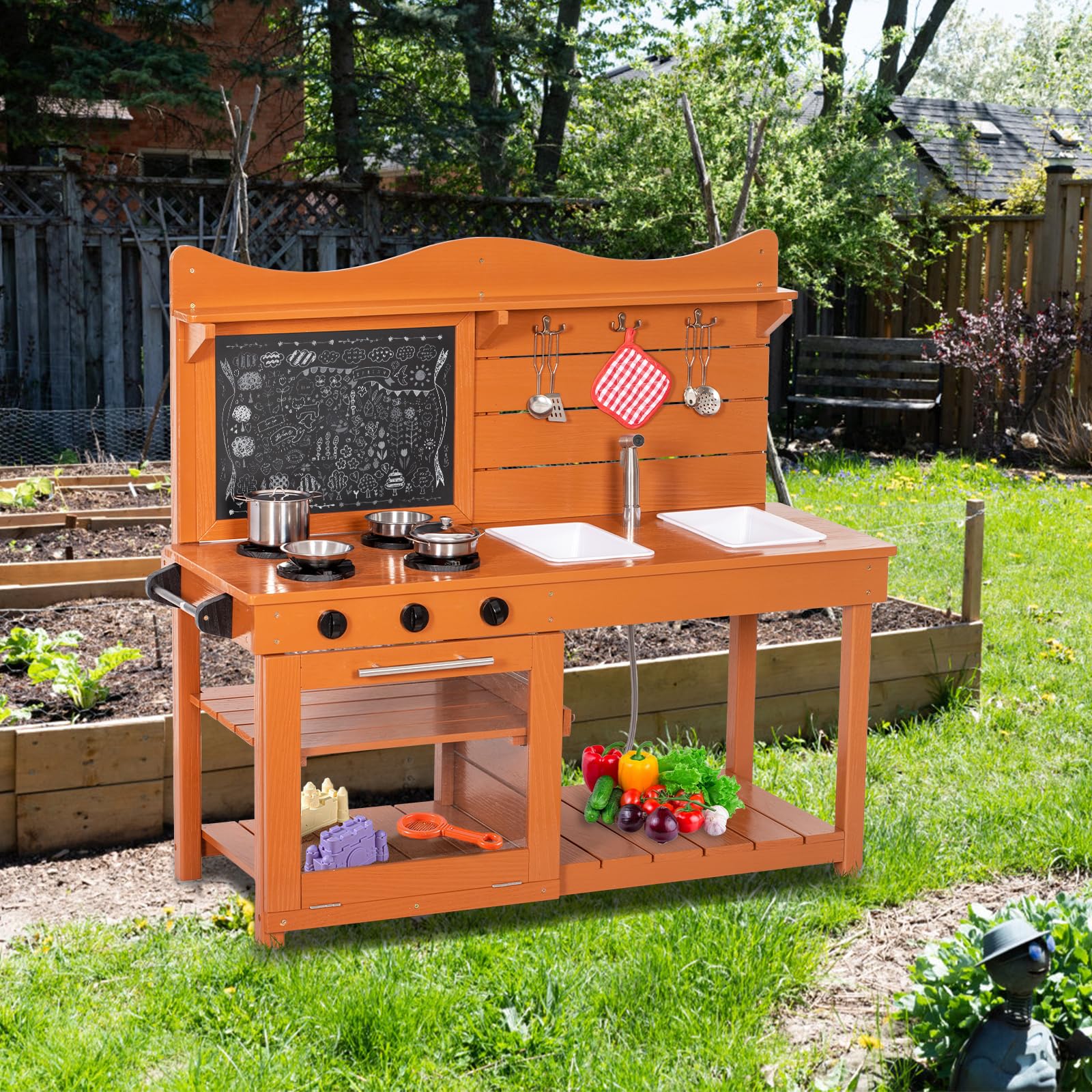 **Wooden Kids Mud Kitchen Playset with 2 Removable Sinks, Spray Pipe, Blackboard & Kitchenware - Outdoor Pretend Play Toy for Toddlers, Boys & Girls - Perfect for Backyard, Garden & Imaginative Play**