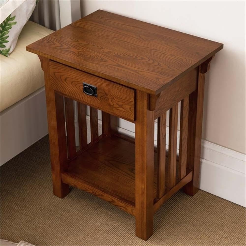 BOWERY HILL Traditional 1 Drawer Wooden Nightstand - Medium Oak Finish Bedside Table for Bedroom, Living Room & Office Use