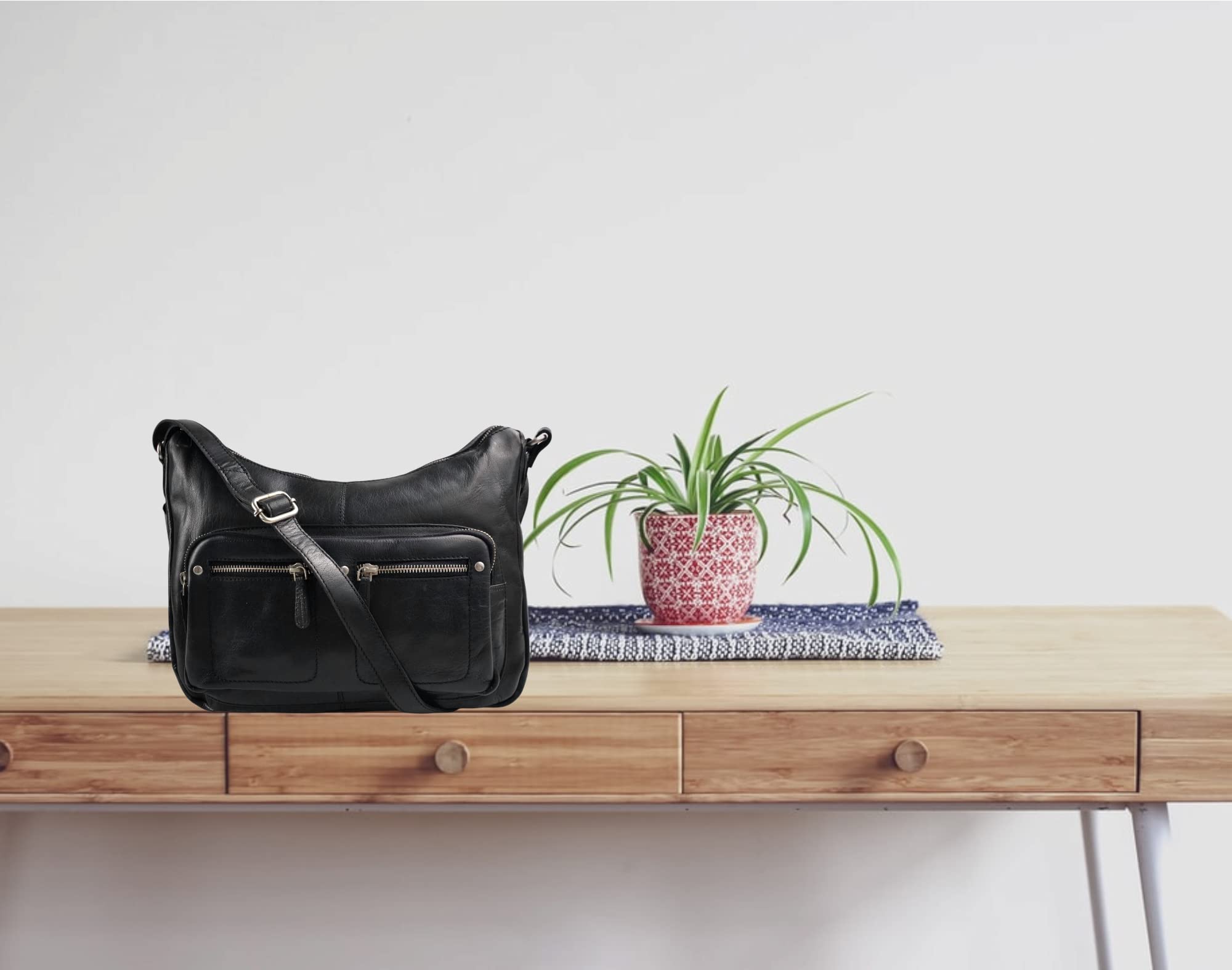 Women's Buffalo Leather Handbag - Black Shoulder Bag, Leather Satchel Purse & Crossbody Bag for Everyday Use, Work & Travel (Black)