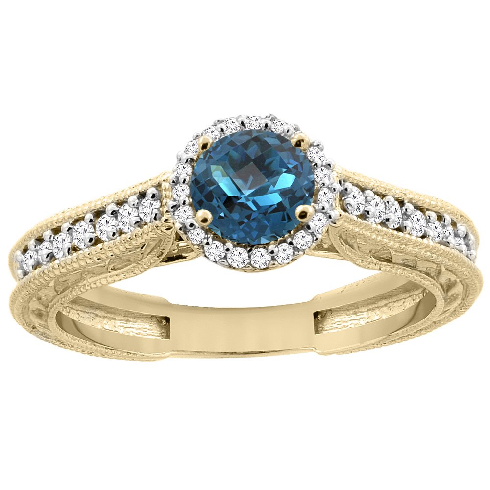 14K Yellow Gold Natural London Blue Topaz Round 5mm Engraved Engagement Ring with Diamond Accents - Sizes 5-10 | Perfect for Proposals, Anniversaries & Bridal Jewelry Gifts
