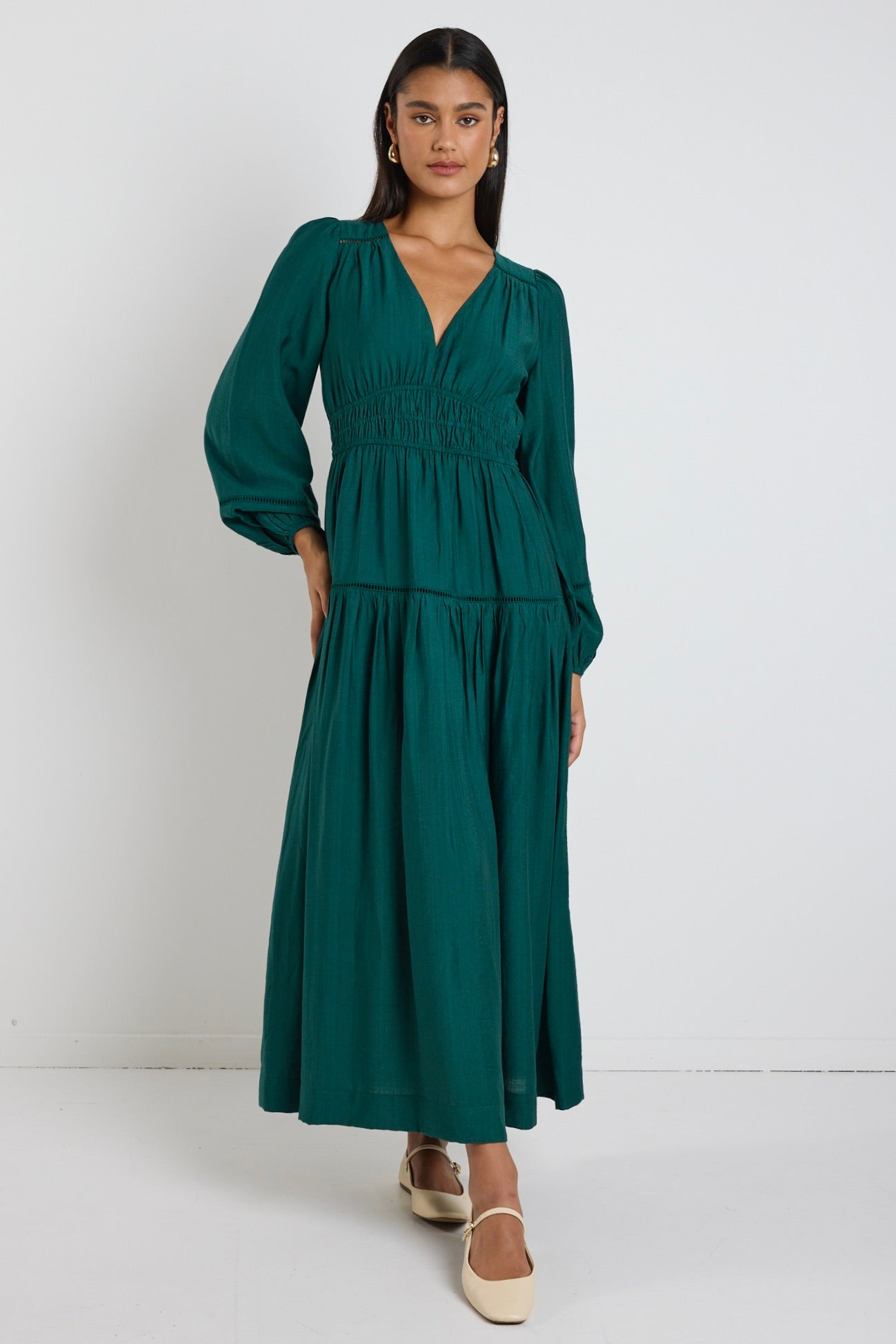 Divine Forest Balloon Sleeve Tiered Maxi Dress for Women - Flowy Boho Summer Dress with Pockets - Perfect for Beach Vacations, Weddings & Date Nights