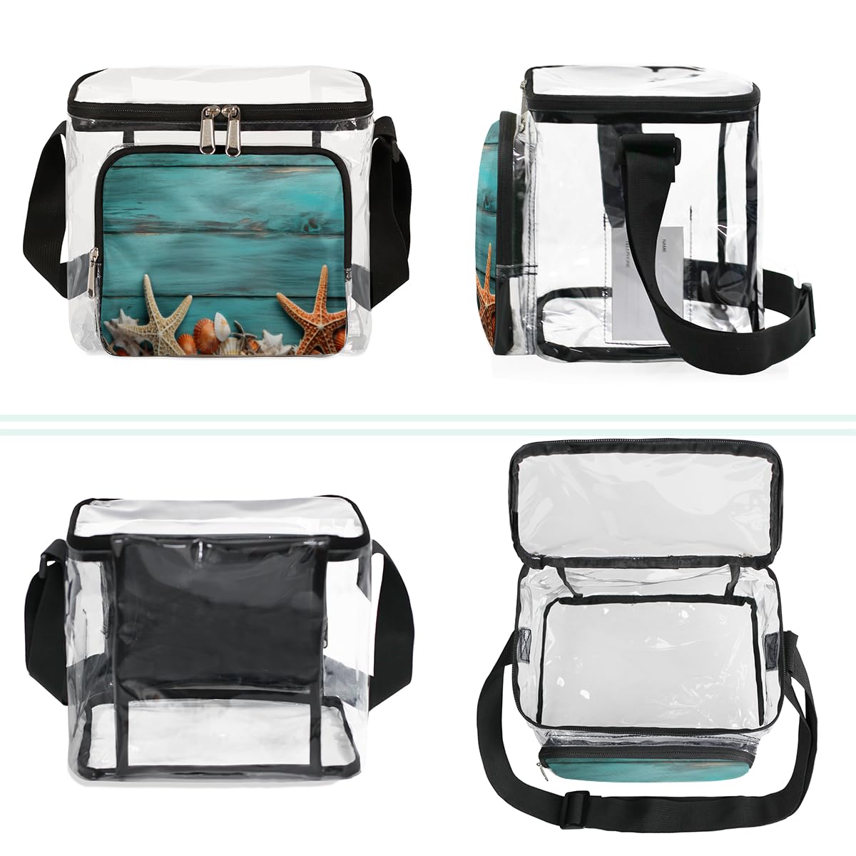 GzLeyigou Clear Transparent Tote Bag with Wooden Handles - Blue Starfish & Seashell Design, Crossbody Shoulder Bag for Women - Perfect for Beach, Picnic, Travel, Concerts & Sports Events (Stadium Approved)