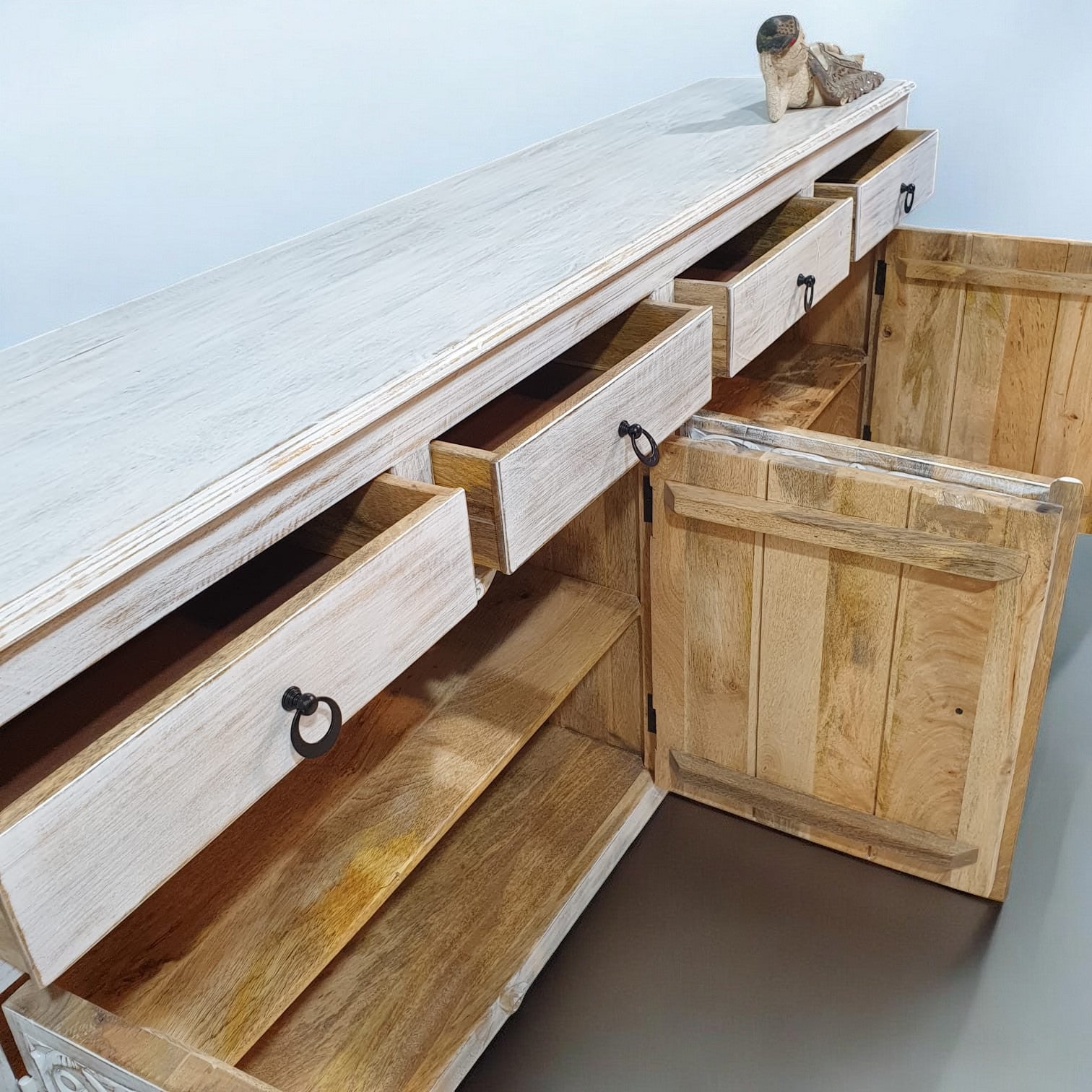 Handmade Carved Indian Mango Wood 4-Drawer 4-Door Sideboard Buffet Cabinet - Whitewashed Rustic Farmhouse Style for Dining Room Storage & Entryway Decor