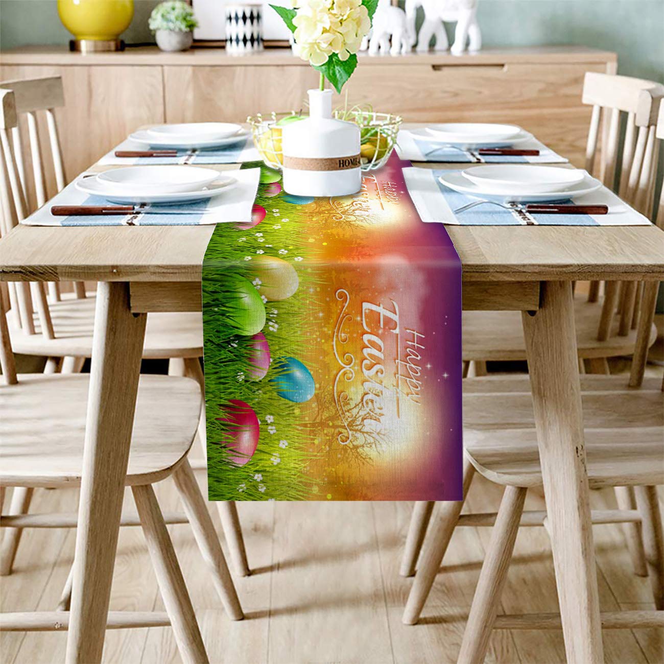 Easter Table Runner - 13x90 Inches Cotton Linen Spring Floral Non-Slip Kitchen Tablecloth with Easter Eggs Design, Perfect for Holiday Parties & Home Decor - Ideal for Easter Celebrations, Spring Gatherings, and Festive Dining Table Settings