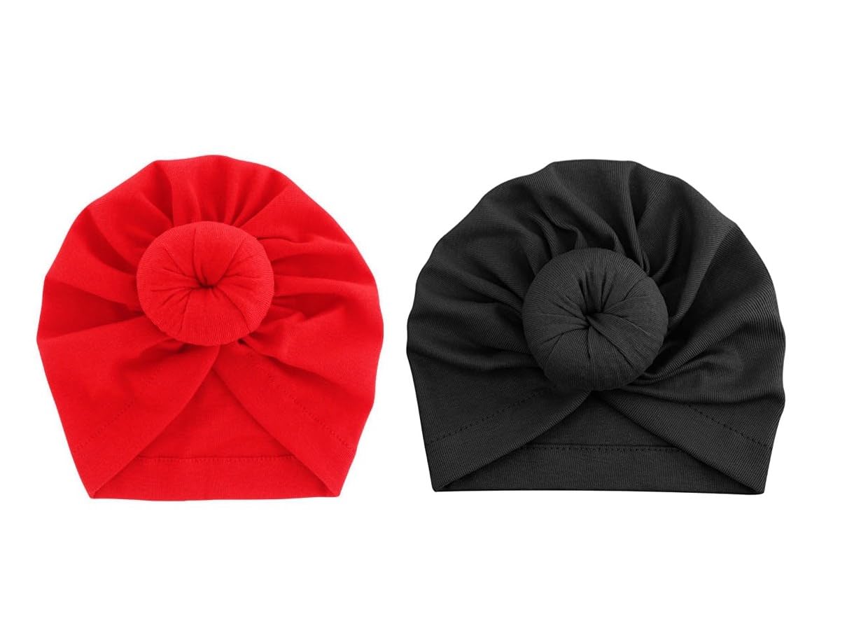 Aashiya Red and Black Cotton Baby Turban Knot Caps Set of 2 - Soft Headbands for Newborns, Infants & Toddlers - Perfect for Photoshoots, Birthday Parties and Everyday Wear