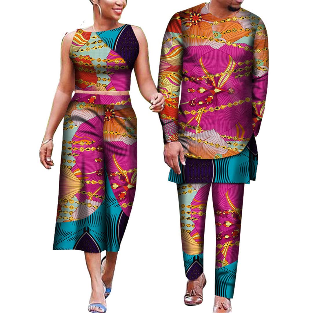African Print Couple Matching Outfits - Floral Dashiki Crop Top & Skirt Set for Women, Men's Suit Plus Size 20 - Perfect for Valentine's Day, Anniversary Gifts & Cultural Events