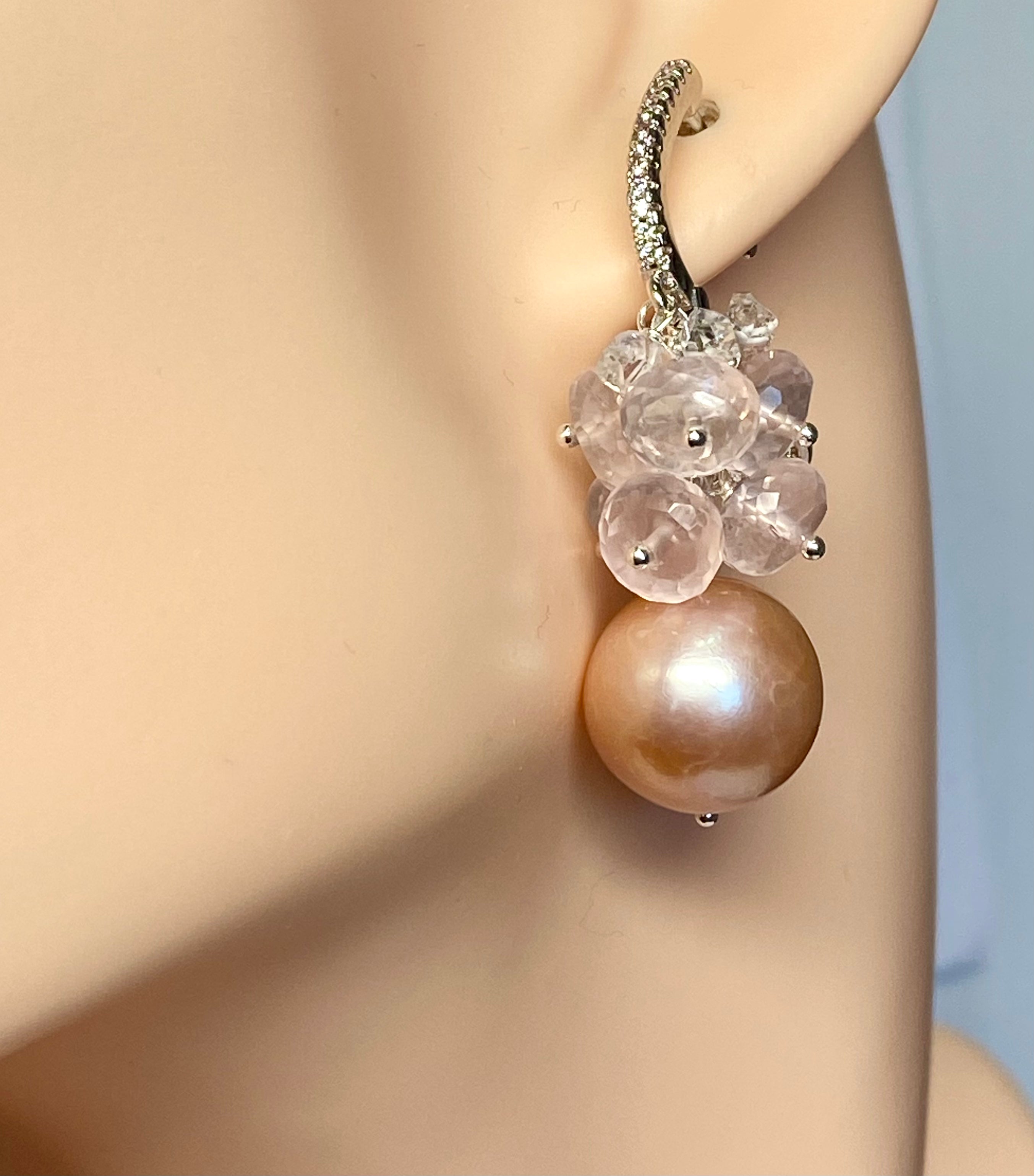 Round Pink Pearl Earrings with Rose Quartz Clusters - Elegant Dangle Earrings for Women, Perfect for Weddings, Parties & Special Occasions