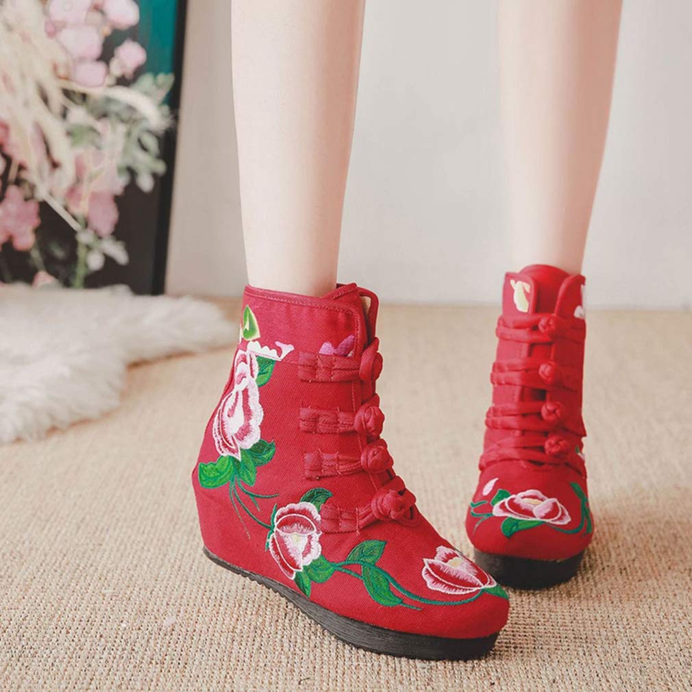 GIY Women's Embroidered Floral Wedge Ankle Boots - Retro Round Toe Buckle Booties with Mid Heel for Casual & Dressy Outfits | Perfect for Fall, Winter & Office Wear