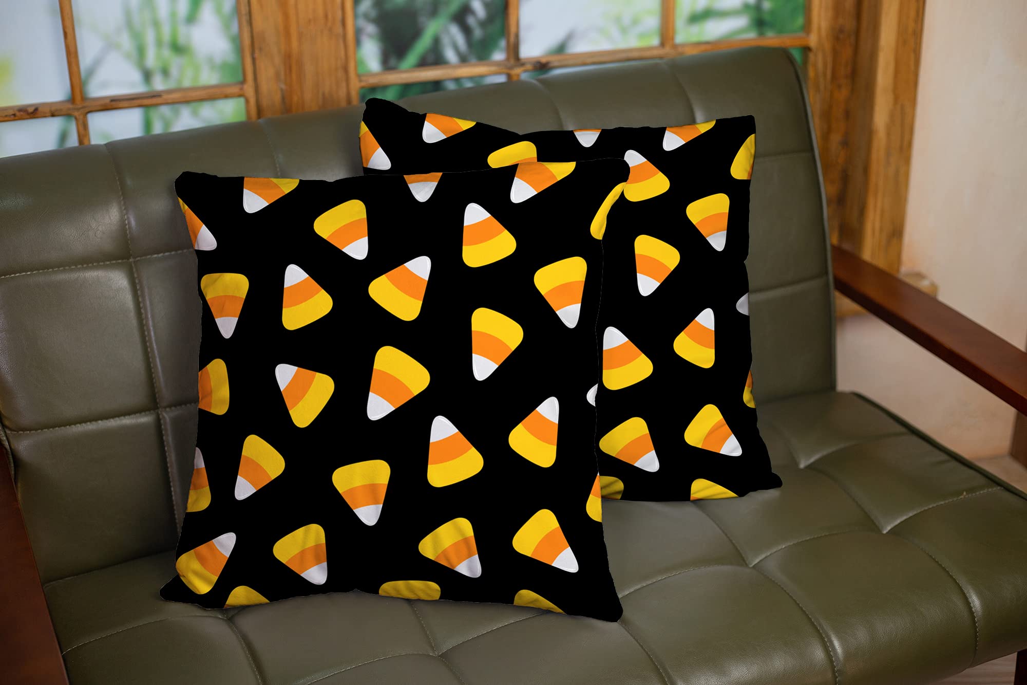 EMMTEEY Halloween Throw Pillow Covers Set of 2 - 16x16 Inch Candy Corn Print Decorative Pillowcases for Couch, Sofa, Bedroom - Spooky Holiday Home Decor for Halloween Party & Fall Season
