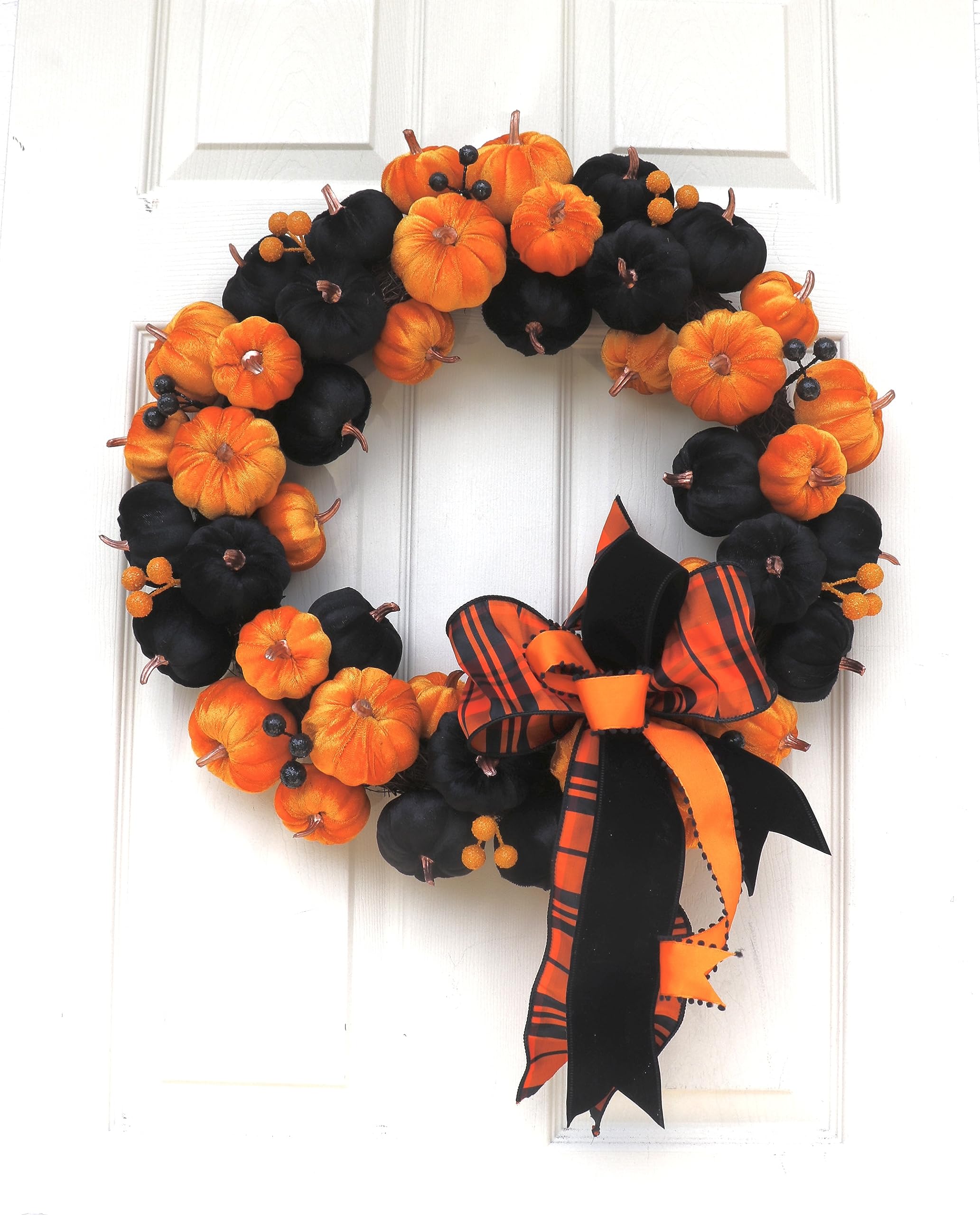 20 Inch Halloween Front Door Wreath with Orange & Black Velvet Pumpkins - Spooky Fall Porch Decor for Halloween Party & Home Decorations