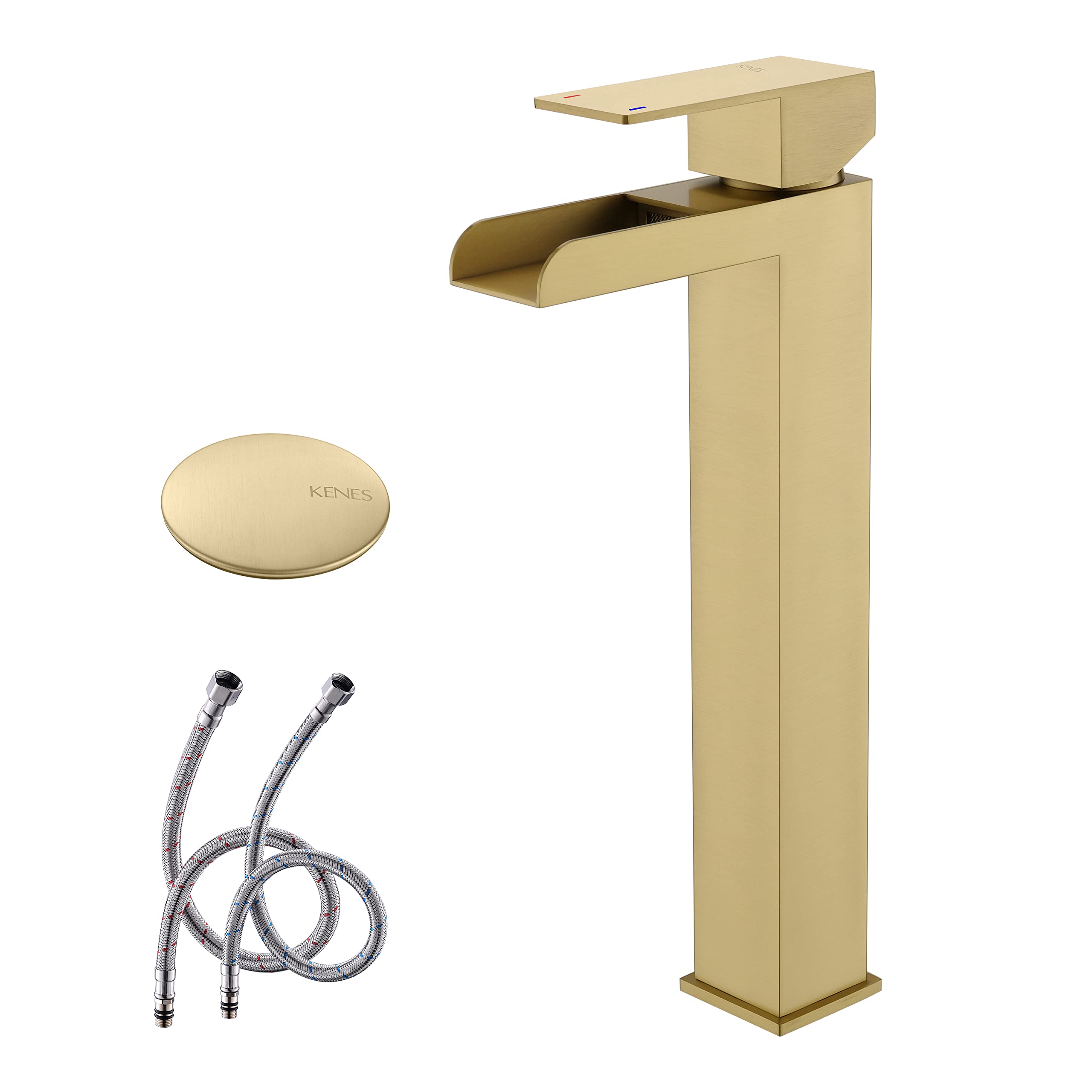 KENES Brushed Gold Vessel Sink Faucet - Tall Waterfall Bathroom Faucet with Single Handle & Pop-Up Drain | Lead-Free Vanity Faucet for Modern Bathrooms (Model LJ-9035A-4) | Perfect for Spa-Like Bathroom Renovations and Luxury Home Upgrades