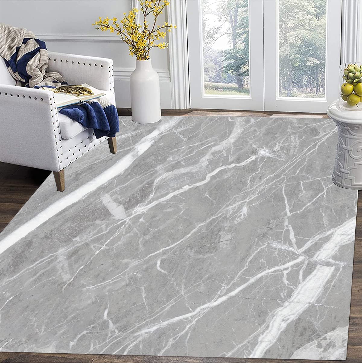 Grey White Marble Pattern Modern Abstract Area Rug 6x9 ft - Vintage Distressed Non-Shedding Soft Carpet for Living Room, Bedroom, Office - Perfect Under Dining Table, Coffee Table & Art Deco Spaces