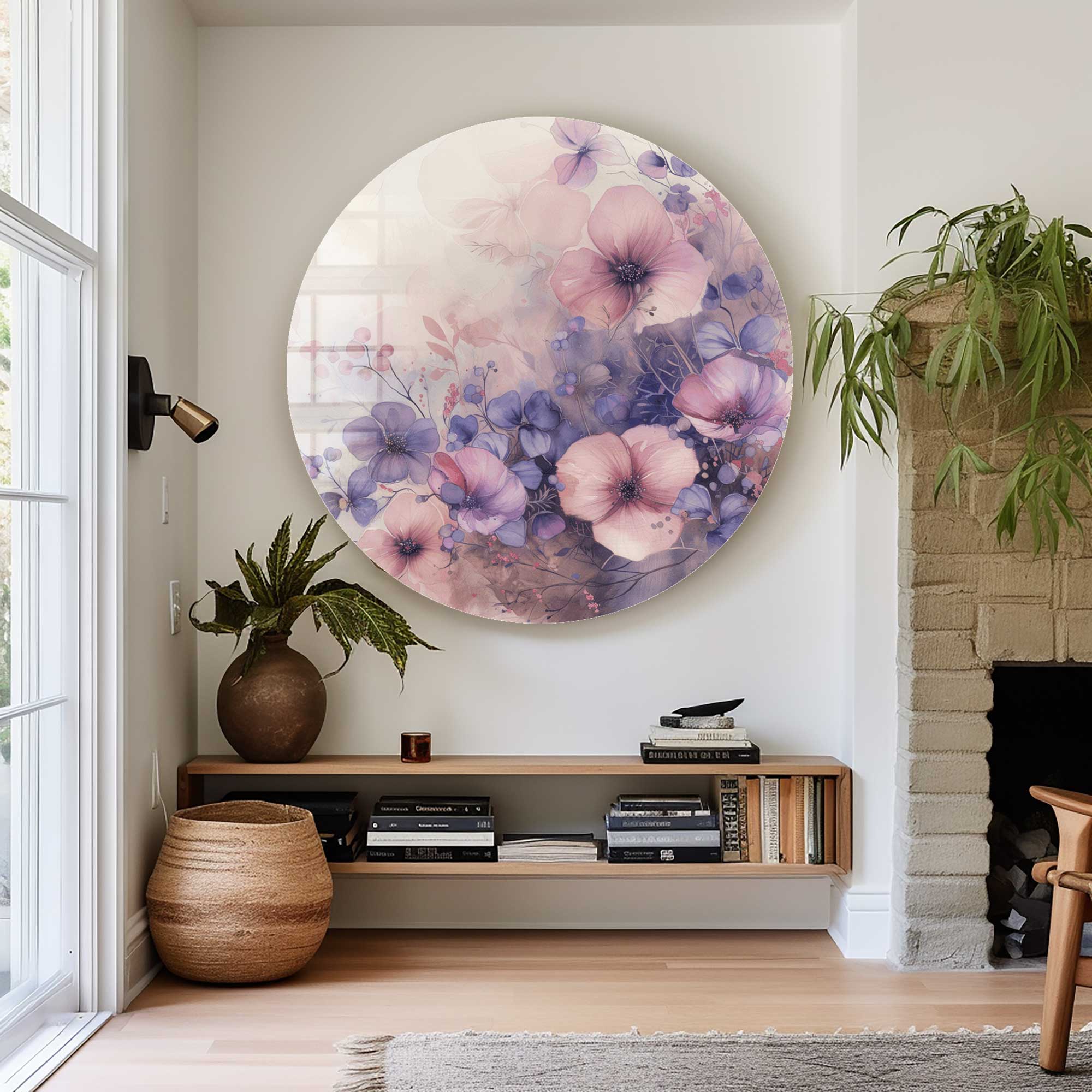 Whispers of Bloom Round Glass Wall Art - Elegant Home Decor for Living Room, Bedroom & Office