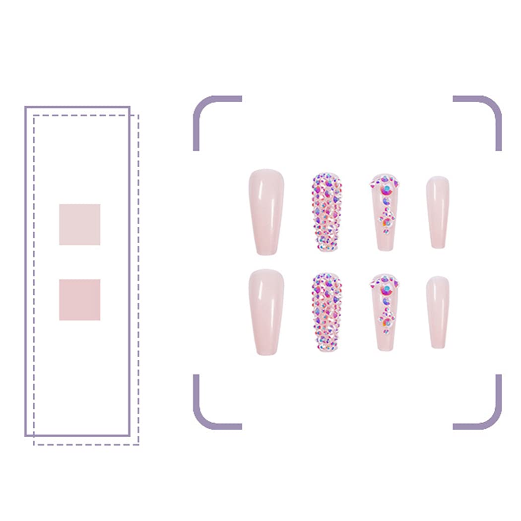 Long Crystal Press-On Nails - Nude Coffin Glossy Fake Nails with 3D Bling & Rhinestones | Ballerina False Nails Set for Women & Girls (24Pcs) | Perfect for Parties, Weddings & Special Occasions
