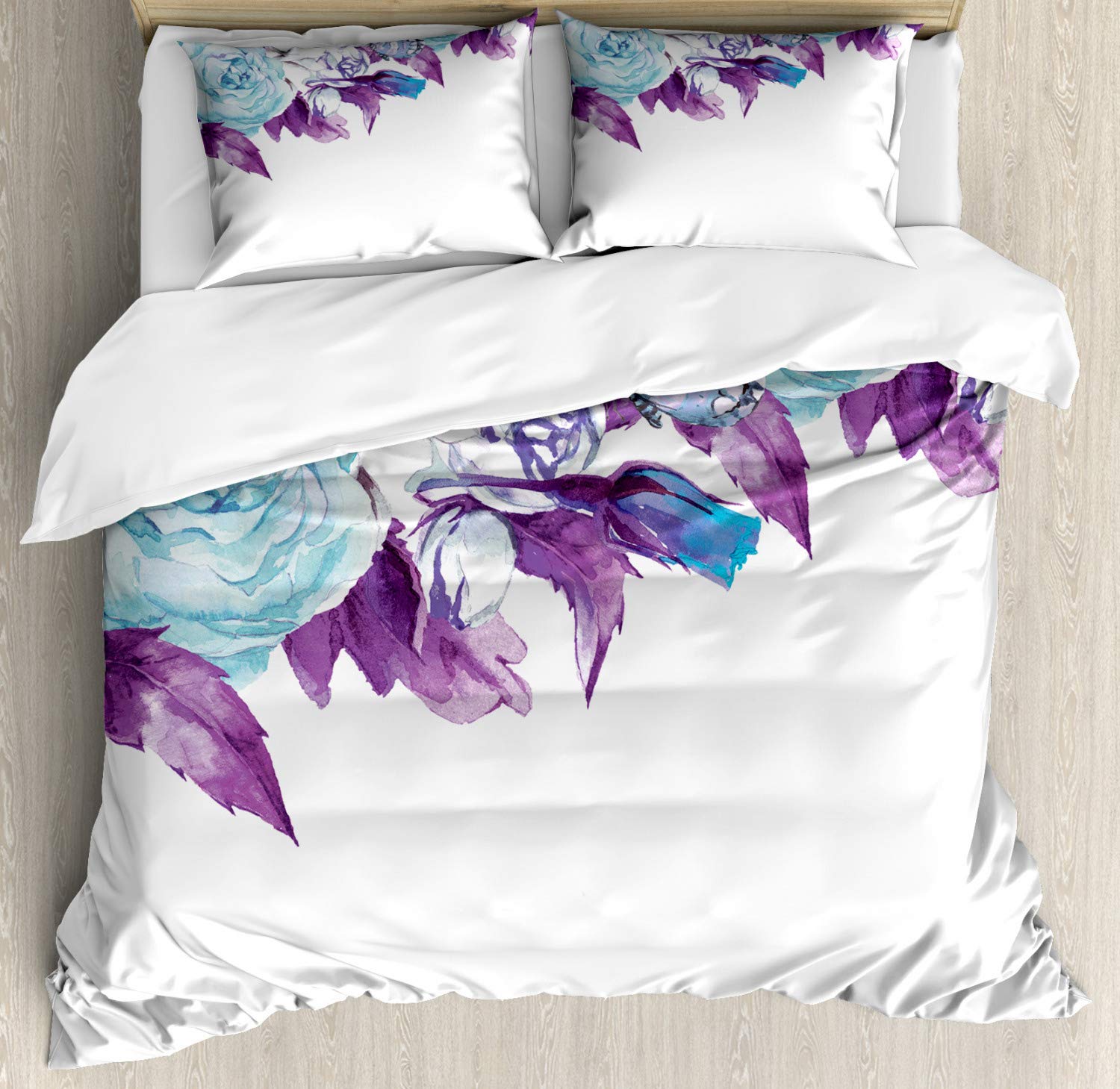 Ambesonne Floral Duvet Cover Set - Vintage Flower Petals Design, Queen Size 2-Piece Bedding Set with 4 Pillowcases, Pale Blue & Purple - Perfect for Bridal Wedding, Romantic Bedroom Decor & Shabby Chic Style
