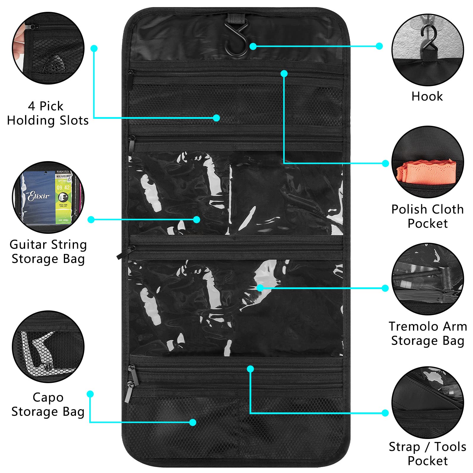 **Foldable Guitar Accessory Organizer Bag - Black Storage Case for Picks, Strap, Capo & Strings | Portable & Easy Access Pockets | Perfect for Travel, Practice & Gig Storage**