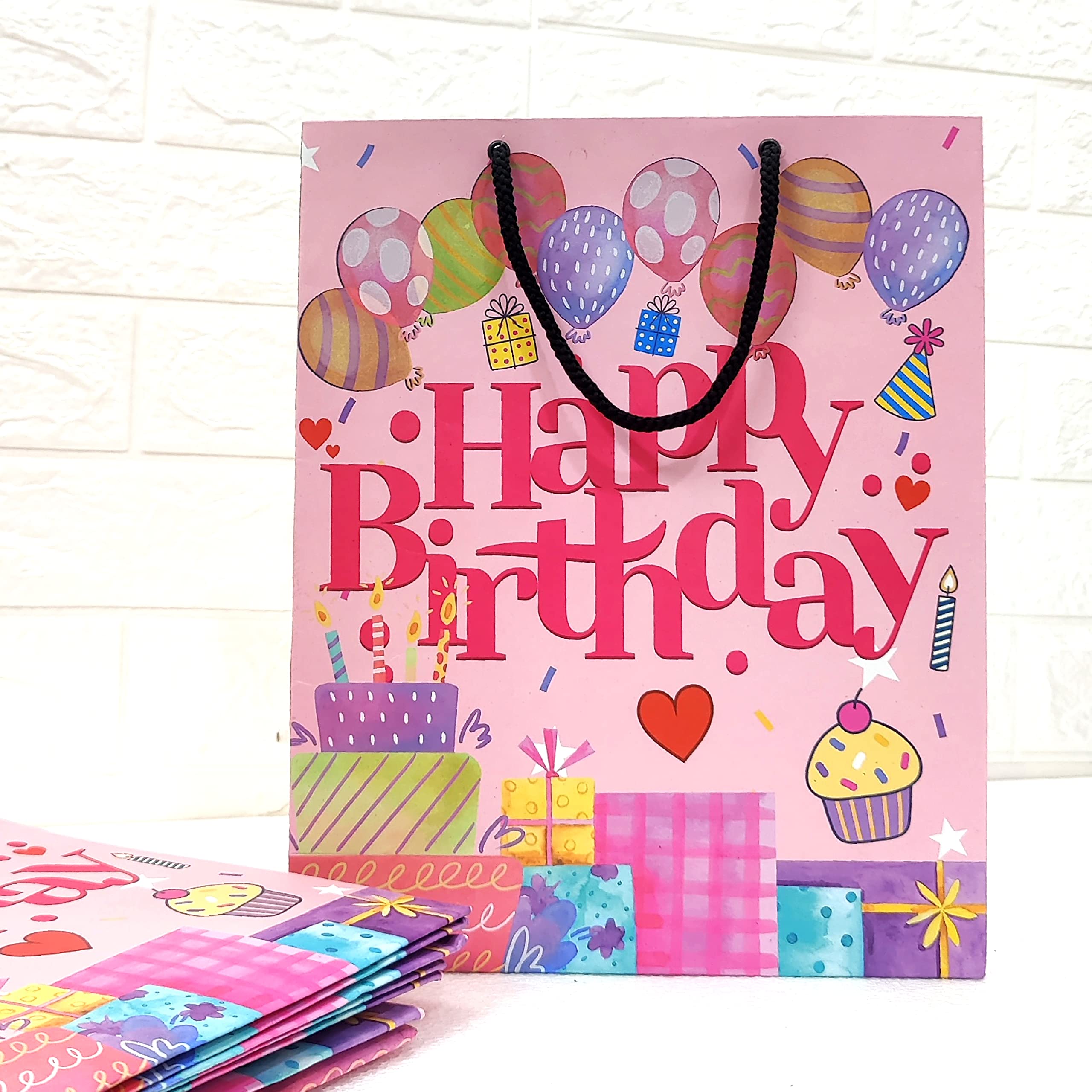 Happy Birthday Pink Small Paper Bags - Pack of 5 | Eco-Friendly Gift Bags for Parties, Baby Showers & Celebrations | Pb PapyrusBolsys Premium Quality