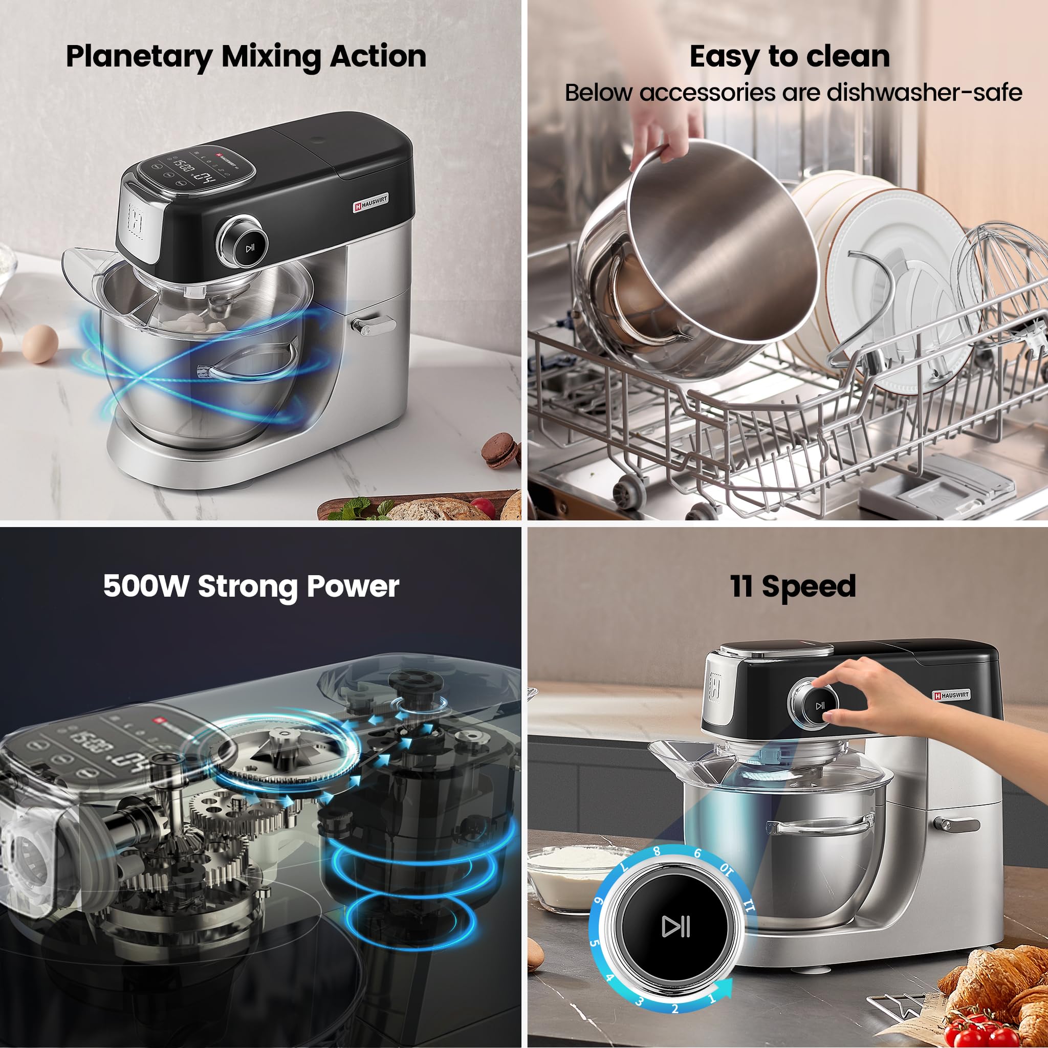 HAUSWIRT 5.3QT Stand Mixer - 11-Speed Electric Kitchen Mixer with Stainless Steel Attachments (Egg Whisk, Dough Hook, Flat Beater) - LED Display Household Mixer for Baking, Cooking & Meal Prep - Perfect for Cakes, Cookies, Bread & Dough - Black