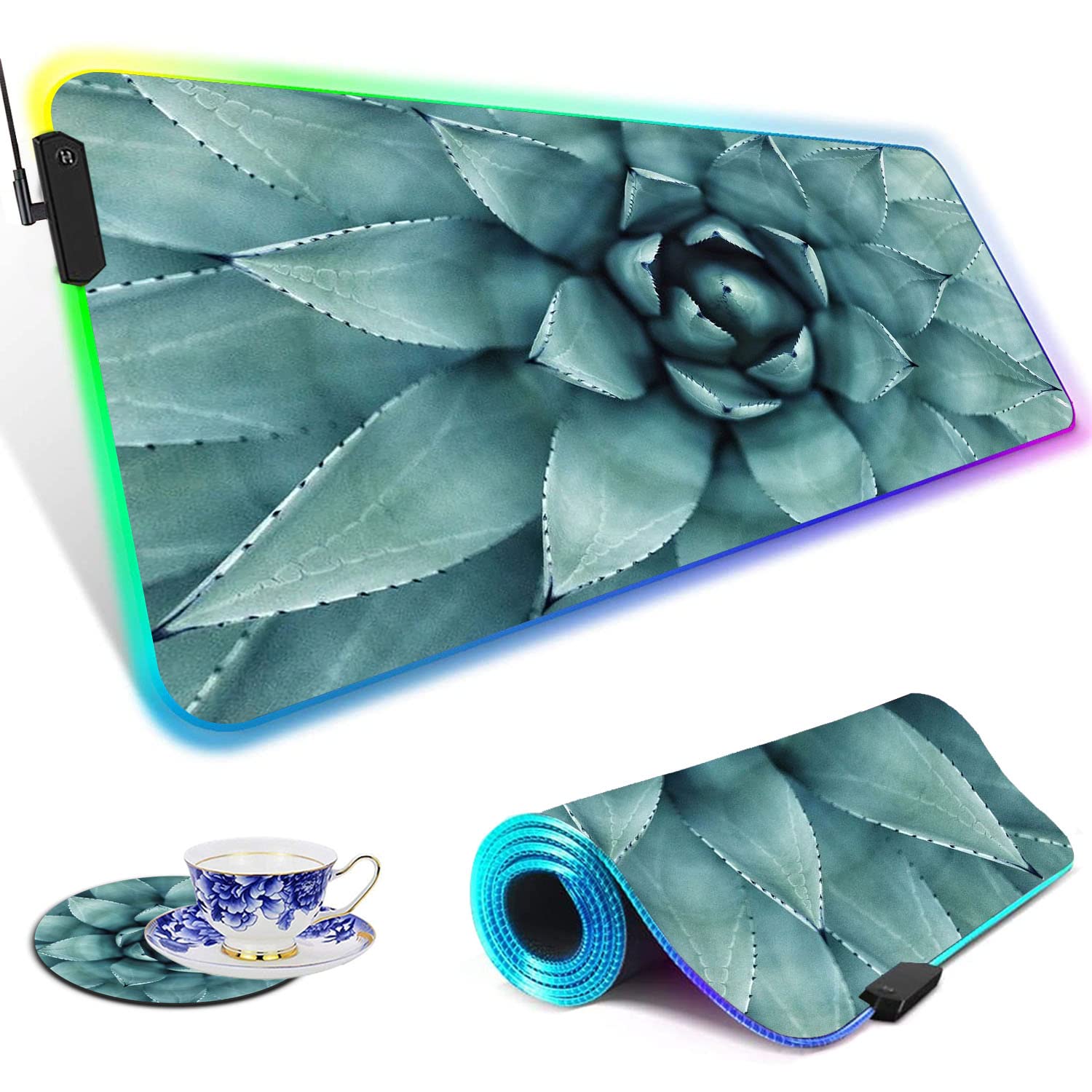 RGB Gaming Mouse Pad with LED Lights - Large Non-Slip Desk Mat for Keyboard & Mouse - Waterproof Optical Surface - Perfect for PC Gaming, Office Work & Streaming (Green Aloe Succulent Plant Design)