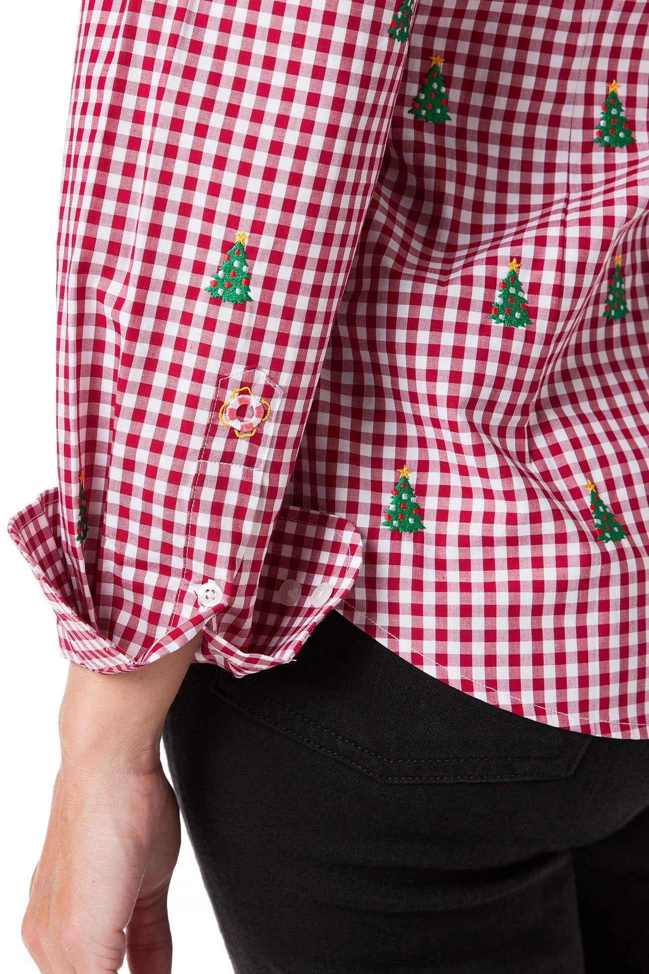 Women's Red Gingham Button Down Shirt with Christmas Tree Print - Casual Holiday Office Wear & Christmas Party Outfit