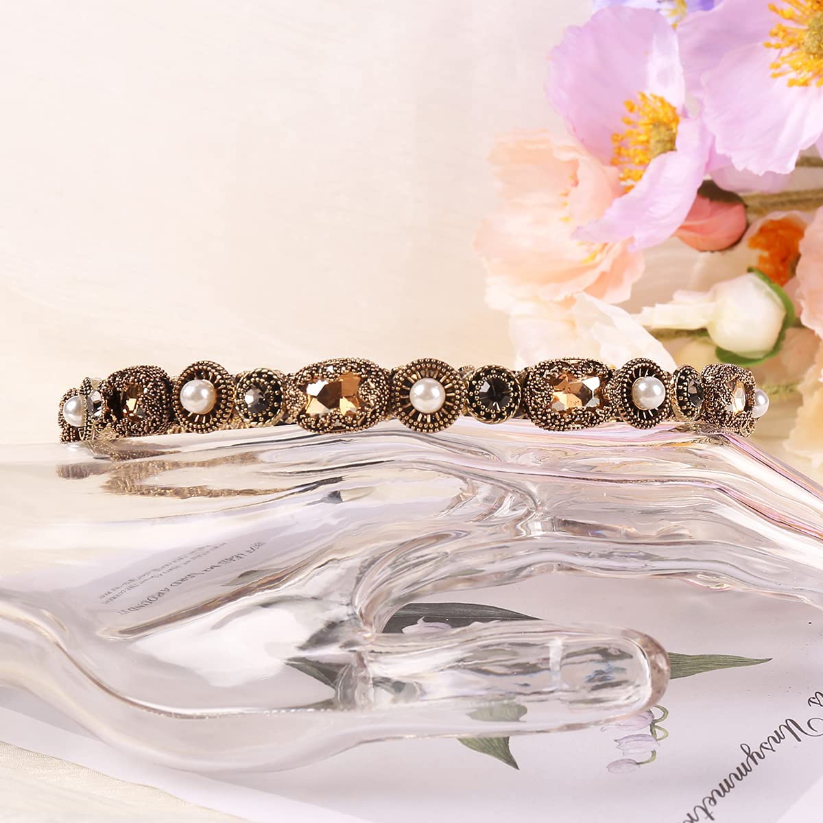 YARN & INK Gold Rhinestone Pearls Headbands for Women & Girls - Non-Slip Bling Hair Accessories for Parties, Weddings & Christmas Gifts (Baroque Champagne)