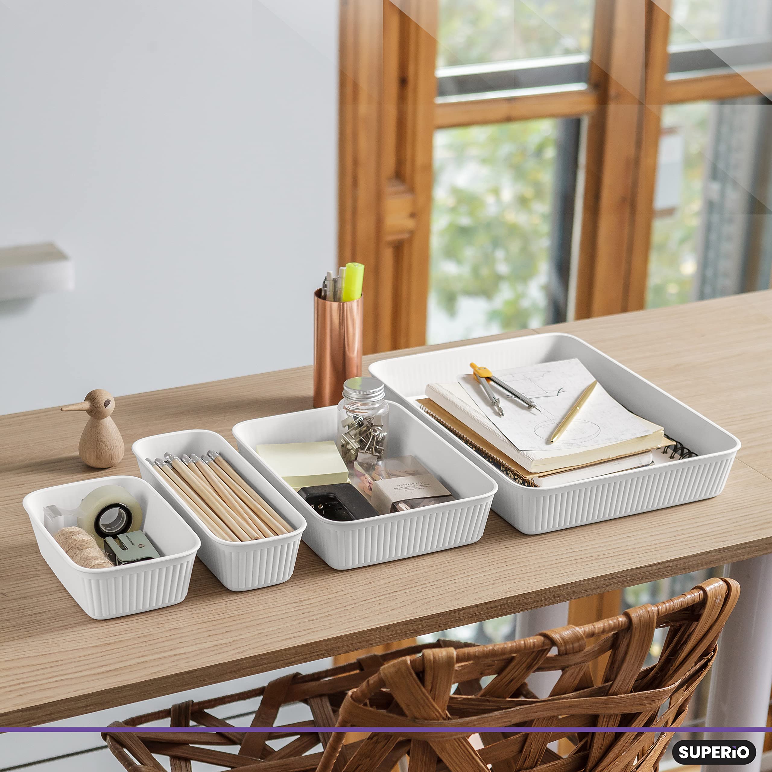 Superio Plastic Drawer Organizer Trays - Decorative Storage Baskets for Desk, Shelves, Drawers & Closet | White | Perfect for Home Office, Bedroom & Bathroom Organization