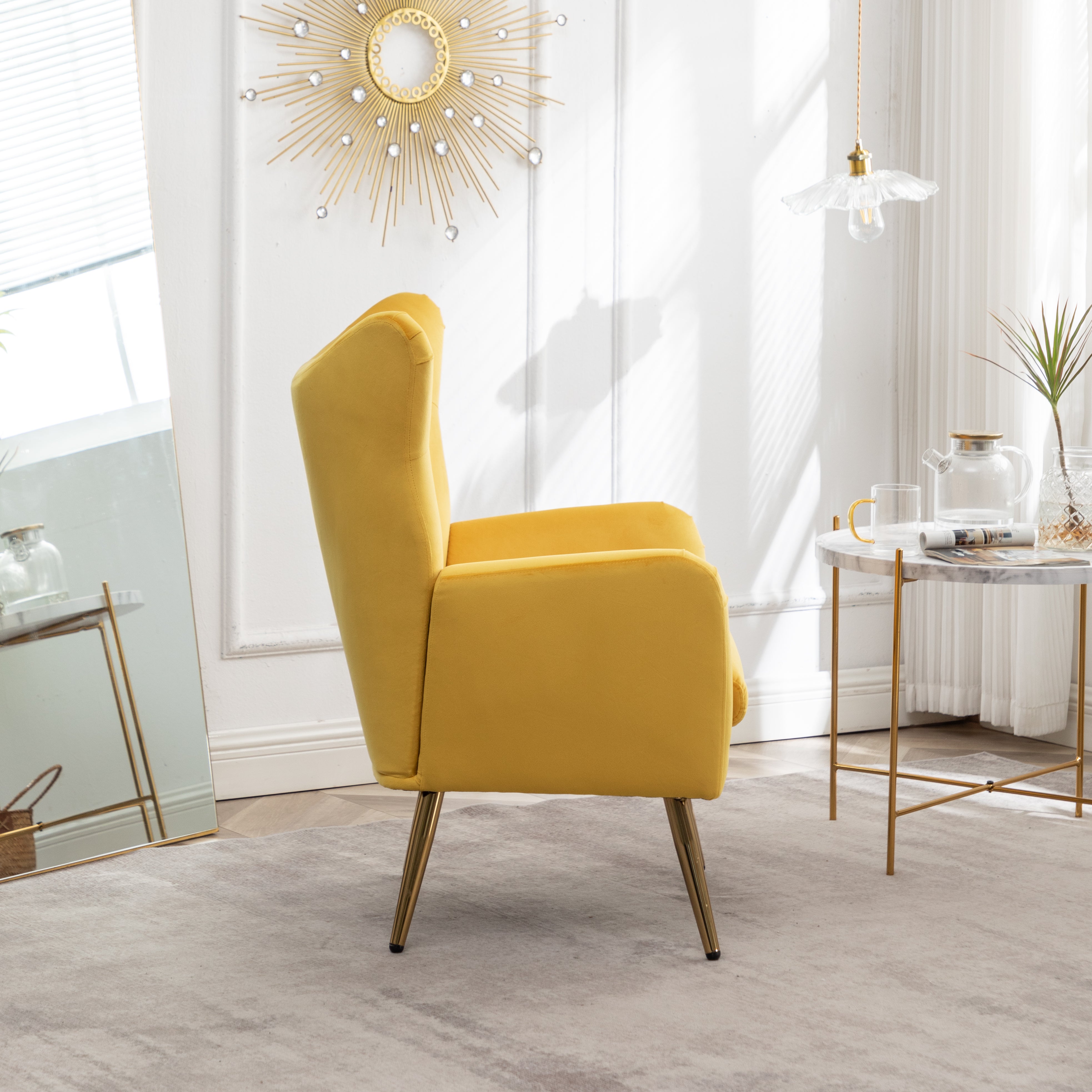 Roundhill Furniture Sovarol Velvet Button Tufted Wingback Accent Chair - Luxurious Yellow Velvet Upholstery for Living Room, Bedroom & Home Office Decor