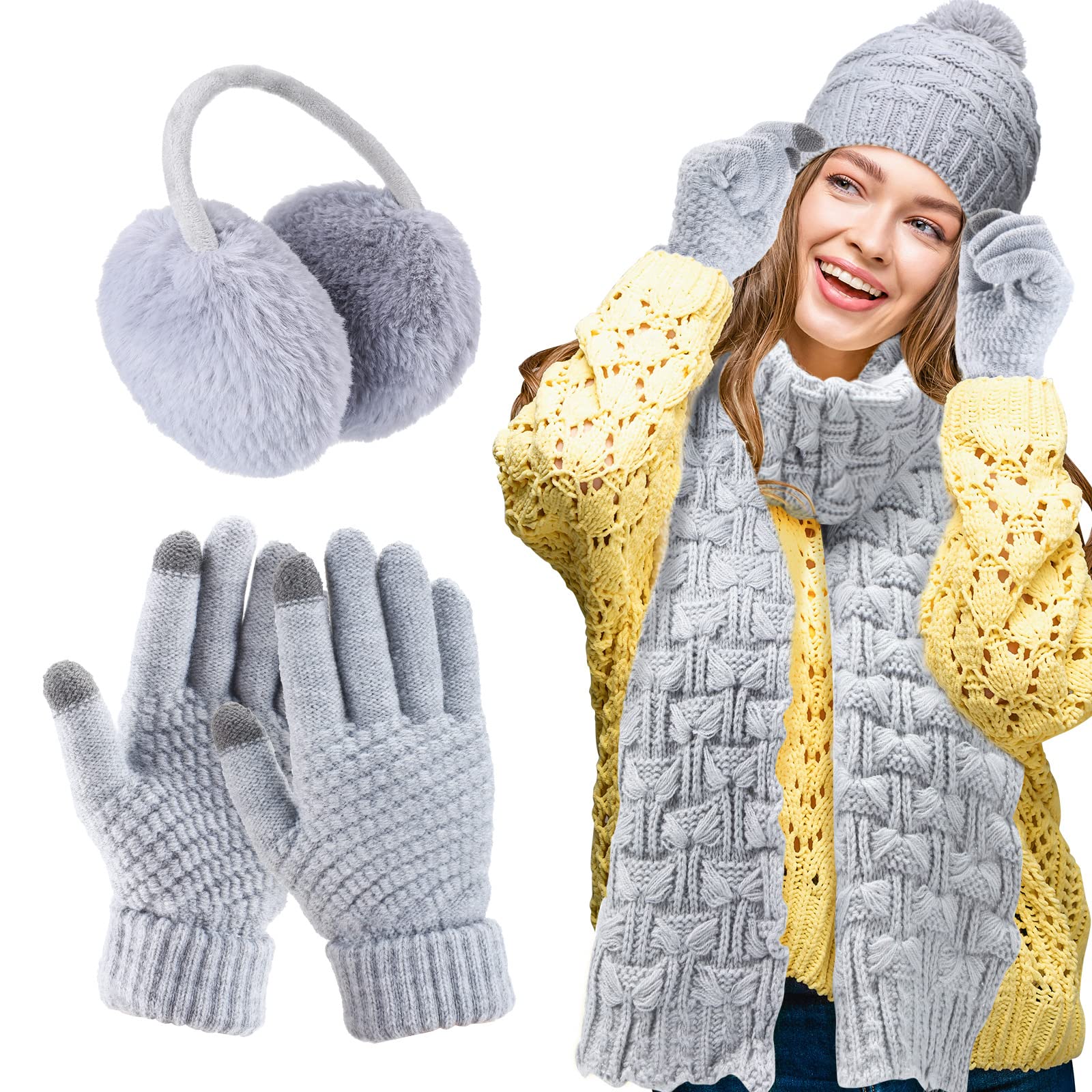 Women's Winter Hat Scarf Gloves Set - Knit Beanie with Ear Covers & Warm Scarf - Soft Cold Weather Accessories for Outdoor Activities, Skiing, and Snowboarding