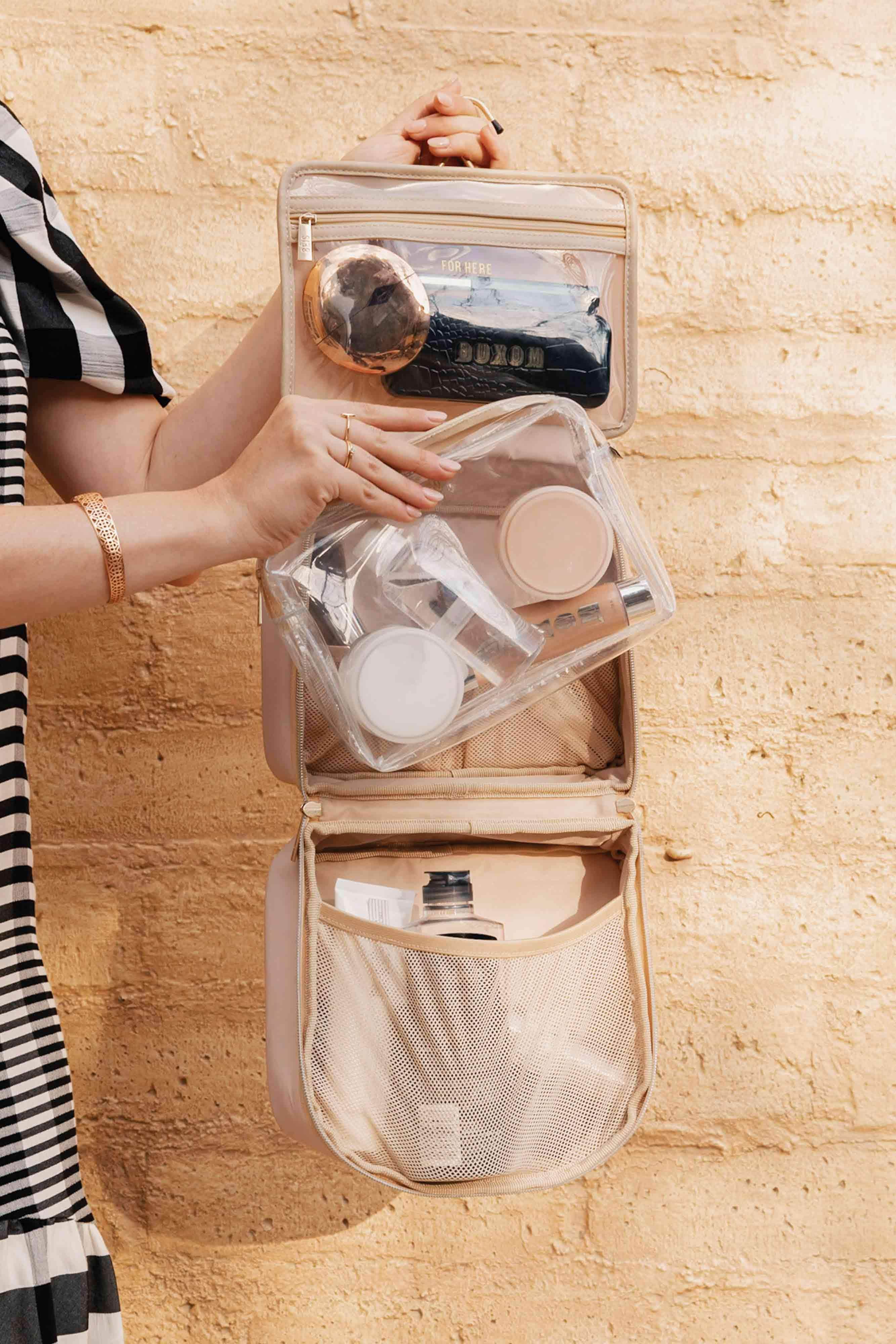 Beige Hanging Cosmetic Bag - Travel Makeup Organizer with Multiple Pockets for Toiletries, Perfect for Bathroom, Gym & Vacation