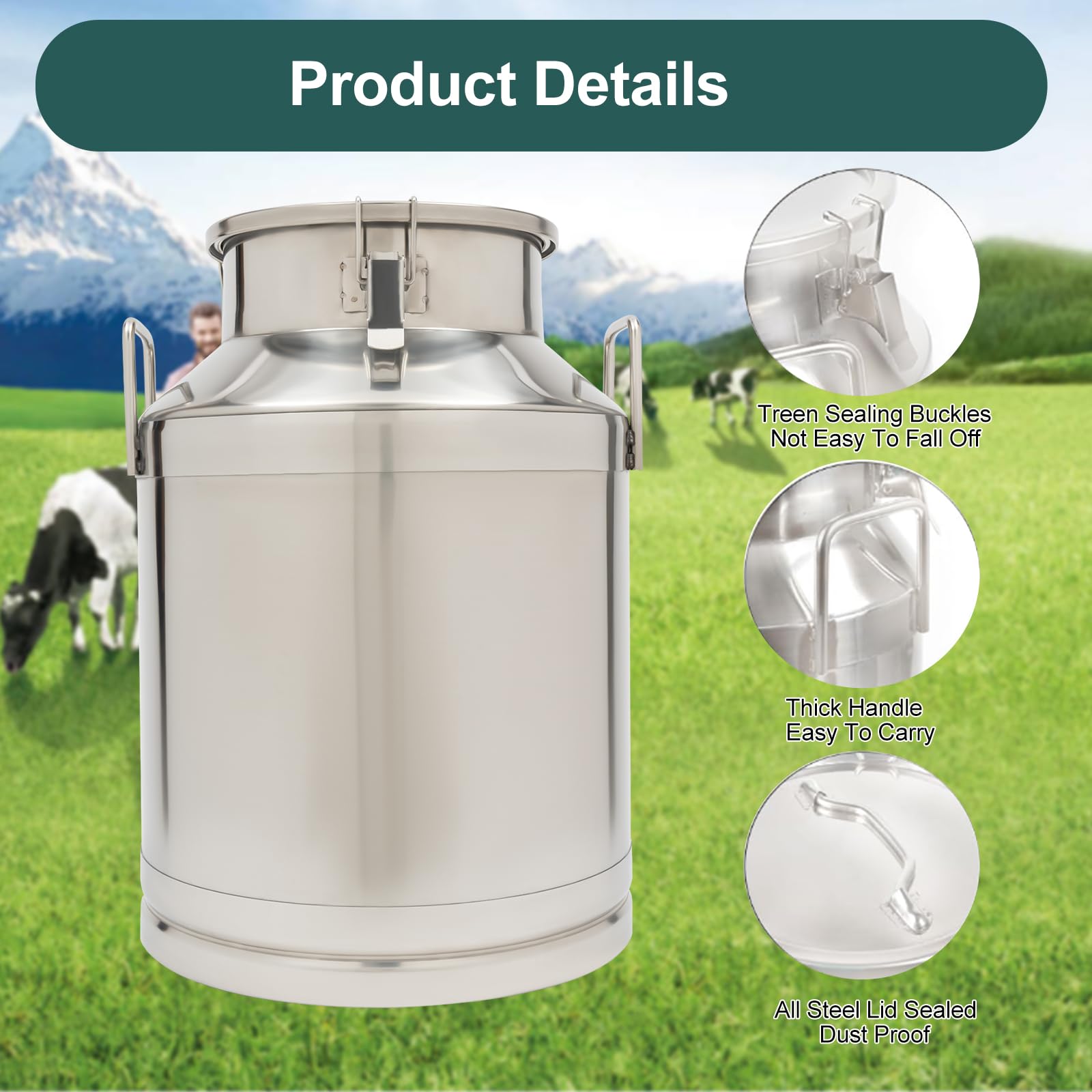 50L (13.25 Gal) Heavy Duty 304 Stainless Steel Milk Can with Sealed Lid - Large Food Grade Storage Container for Milk, Wine, Grains & Cereals - Perfect for Kitchen, Farm, Dairy & Brewing Use