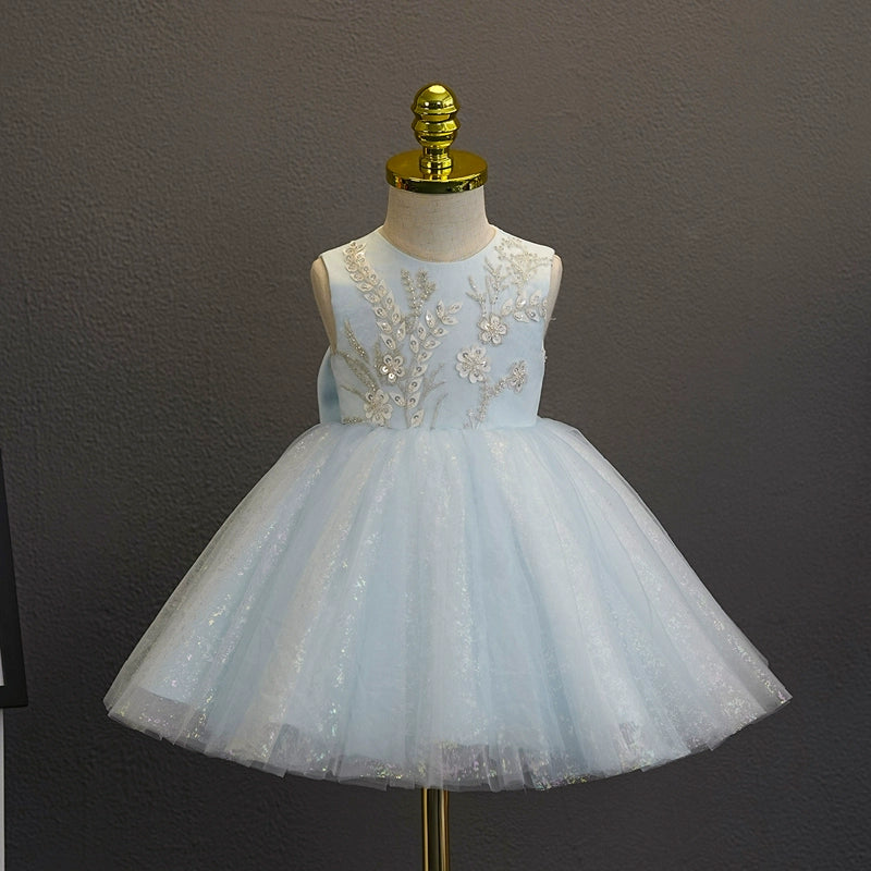 Elegant A-Line Round Neck Tea-Length Tulle Flower Girl Dress in Blue - Perfect for Weddings, Parties & Special Occasions