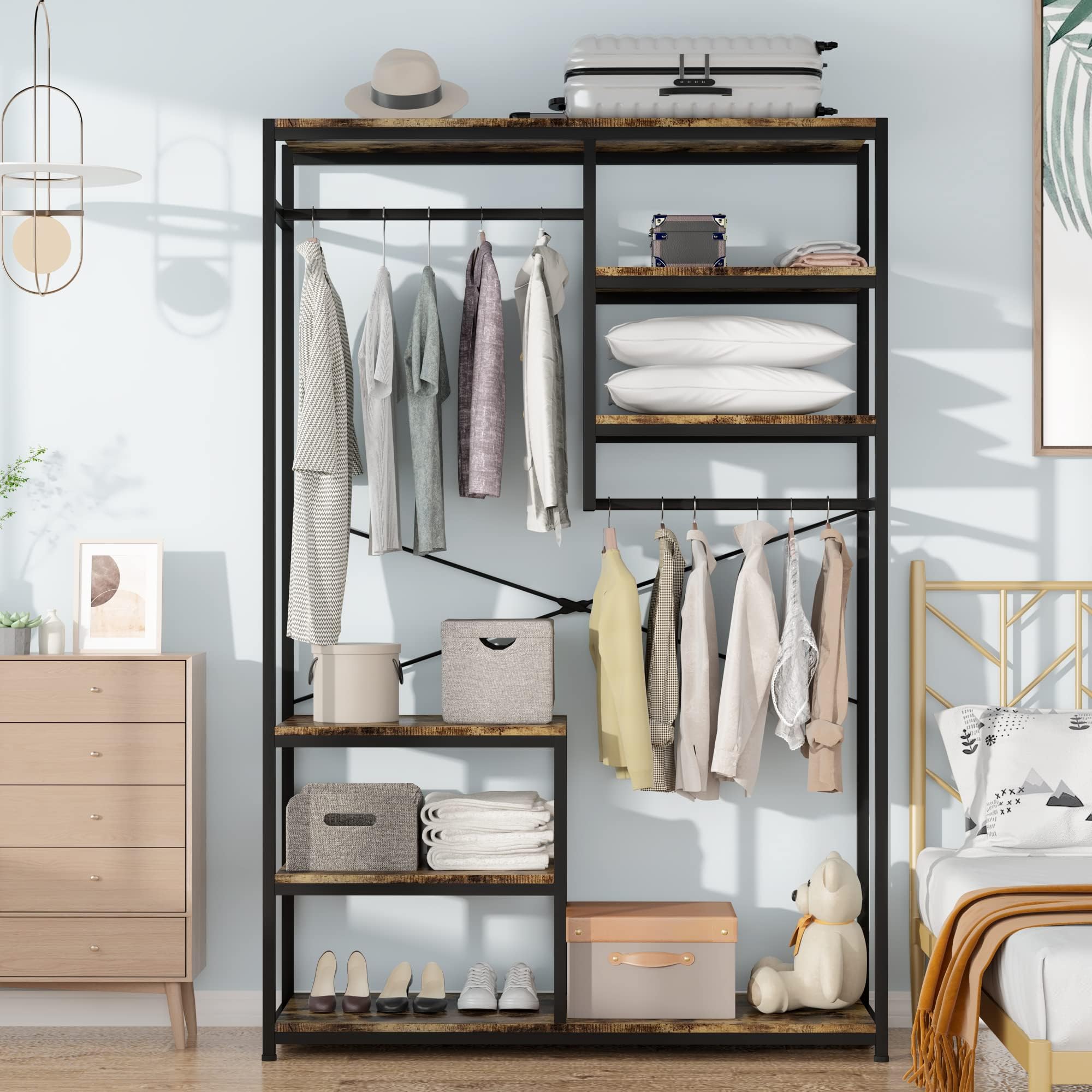 JoliJour Wood and Metal Freestanding Coat Rack with Shelves - 120x40x180cm Entryway Clothes Hanger, Wardrobe Organizer for Hallway, Bedroom or Office Storage