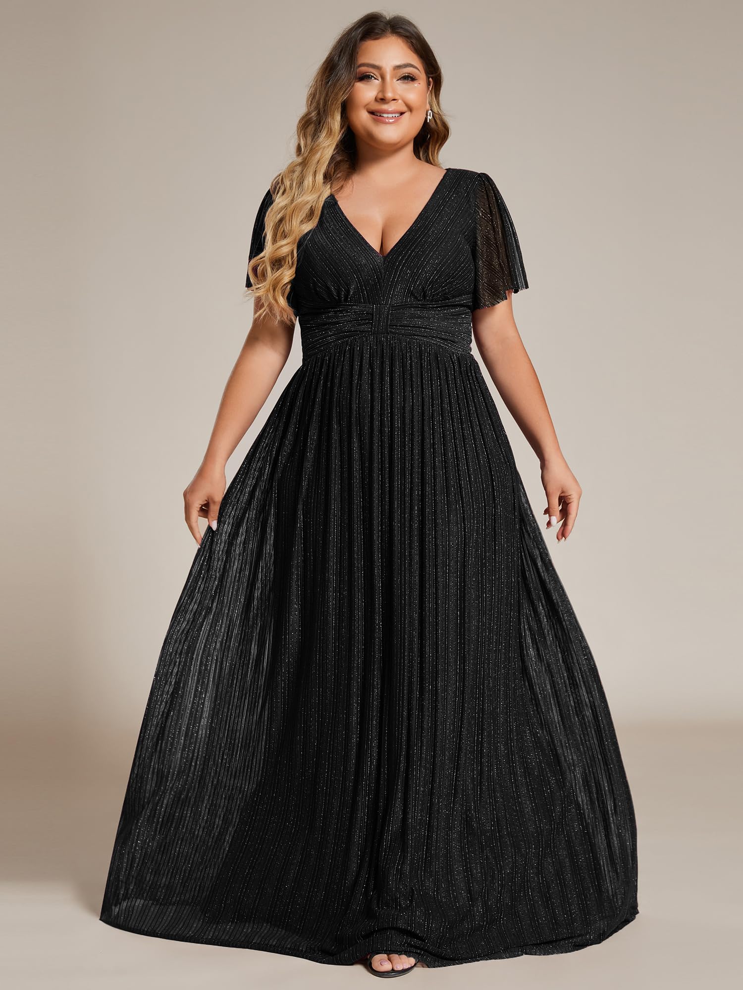Ever-Pretty Women's Plus Size A-Line Glitter V-Neck Pleated Short Sleeve Formal Evening Dress 11961-DA - Perfect for Prom, Cocktail Parties & Special Occasions