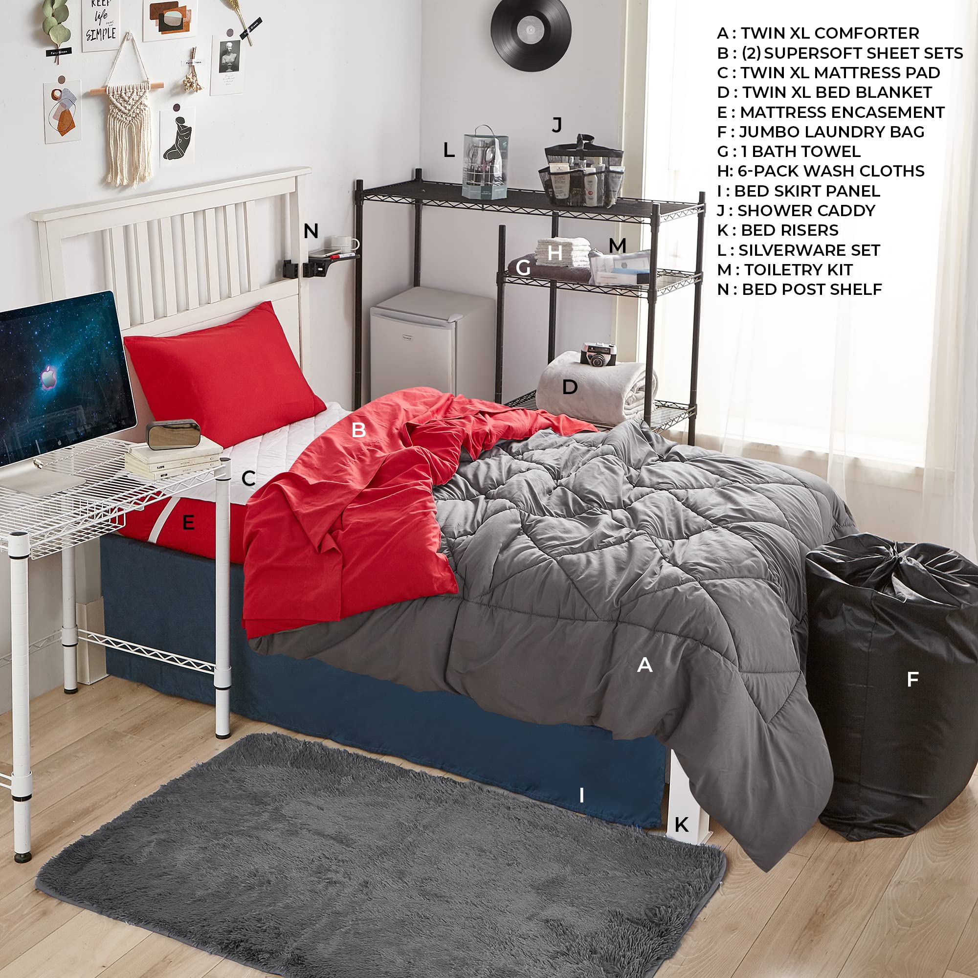 44-Piece Complete College Dorm Essentials Set - Granite Gray & Cherry Red Dorm Room Kit for Students - Perfect for Dorm Organization, Bedding & Bathroom Needs