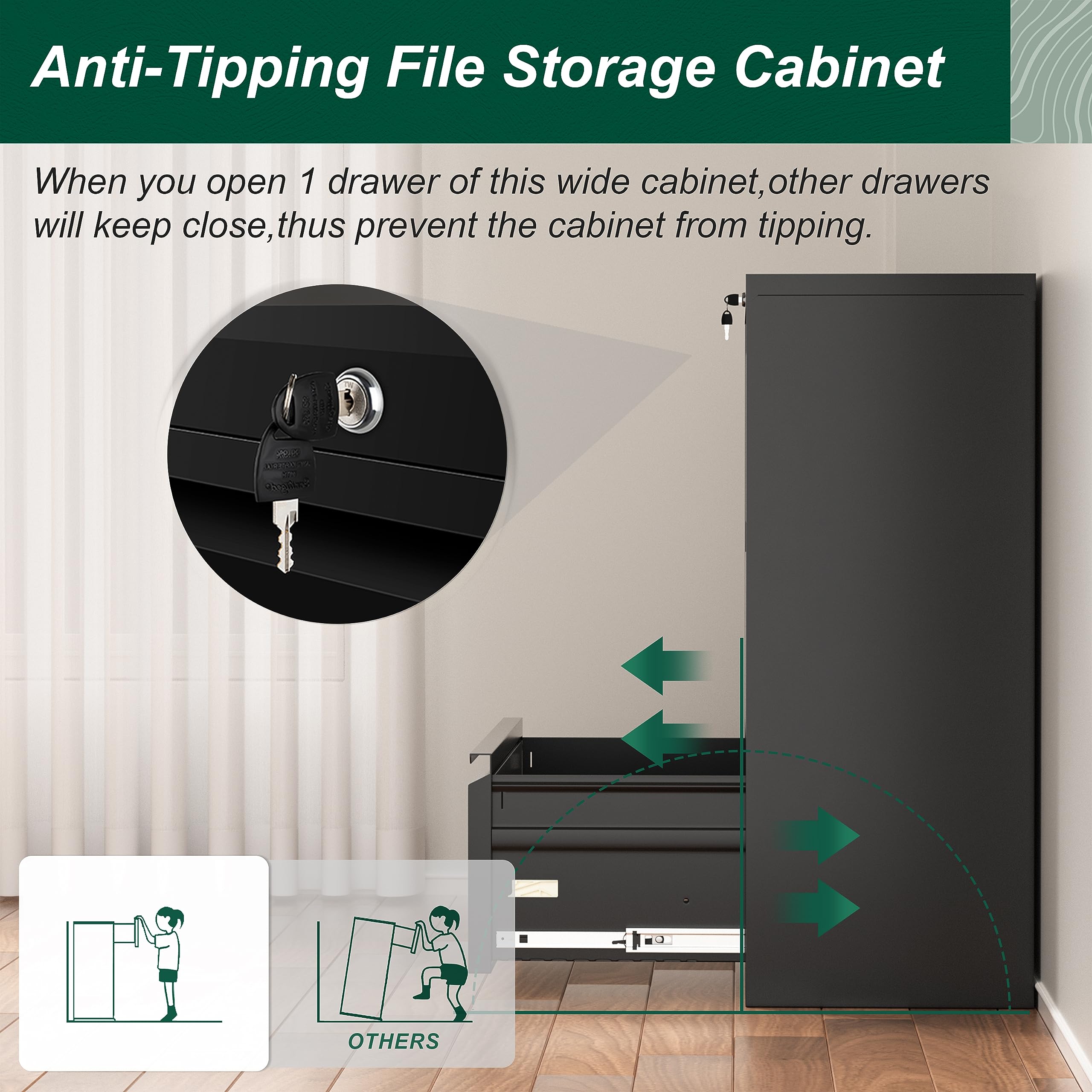 Superday 3-Drawer Lateral File Cabinet - Black Metal Office Filing Cabinet with Locking Drawers for Home & Office - Organize Legal, Letter, A4, F4 Documents