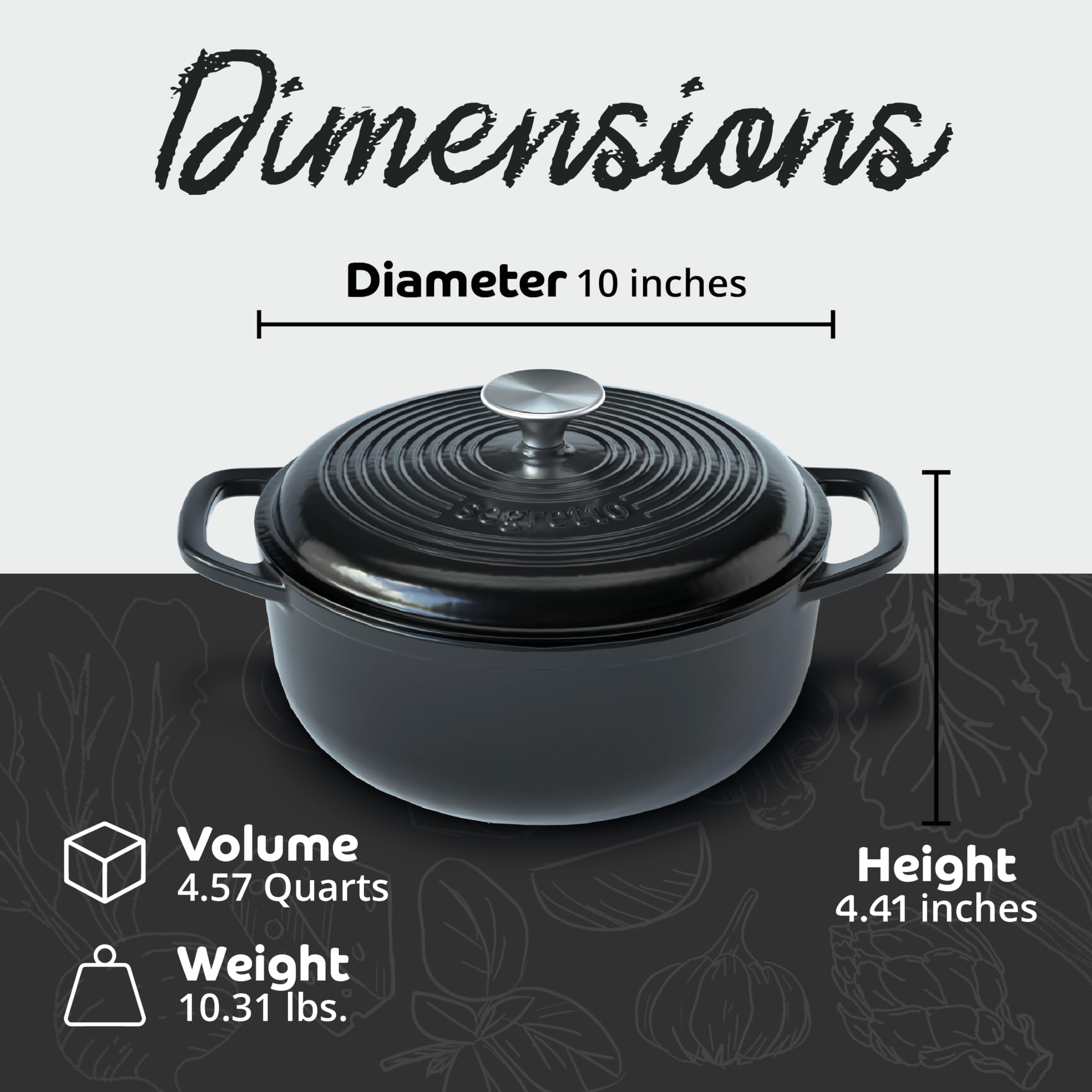 Premium 4.57 Qt Enameled Cast Iron Dutch Oven with Lid - Black (Nero) - Oven & Stovetop Safe Cookware for Baking Bread, Soups, Stews & Braising - Perfect for Home Chefs & Camping