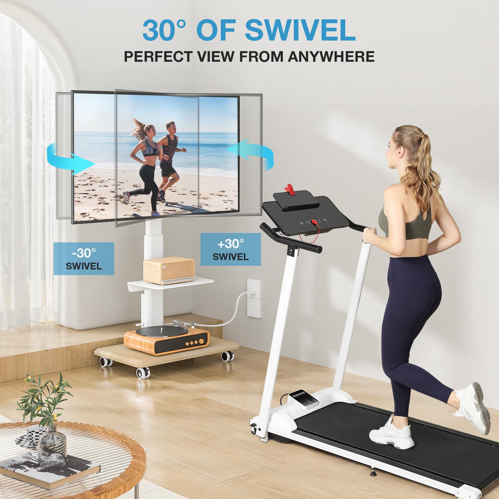 Universal TV Stand for 32-70 Inch TVs - Swivel Rolling Height Adjustable Mobile TV Stand with Power Outlet, Wood Base White Entertainment Center - Perfect for Living Room, Bedroom, or Home Theater Setup