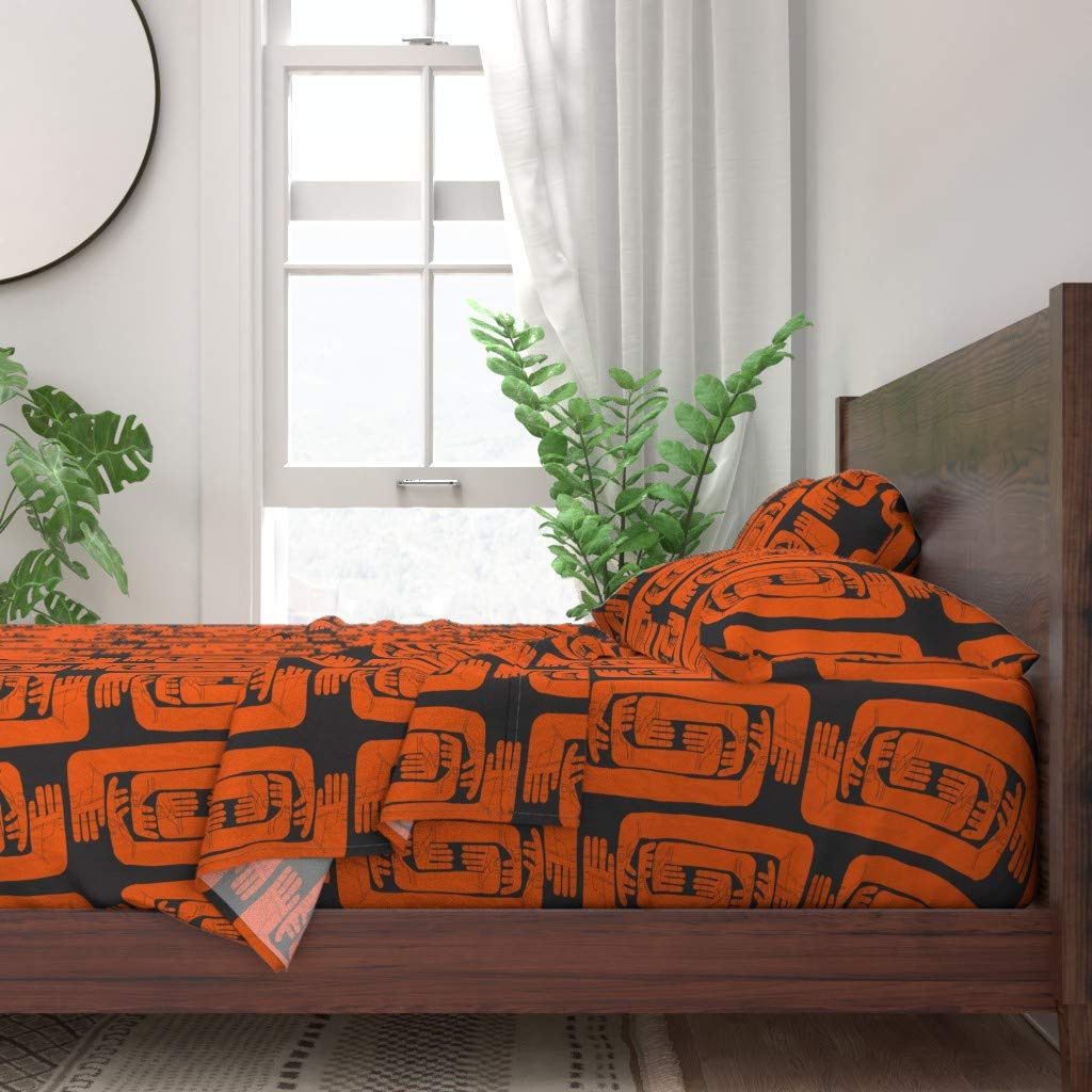 100% Cotton Twin Sheet Set 3pc - Orange Scandinavian Abstract Mid Century Modern Print | Custom Bedding for Home Decor & Guest Room