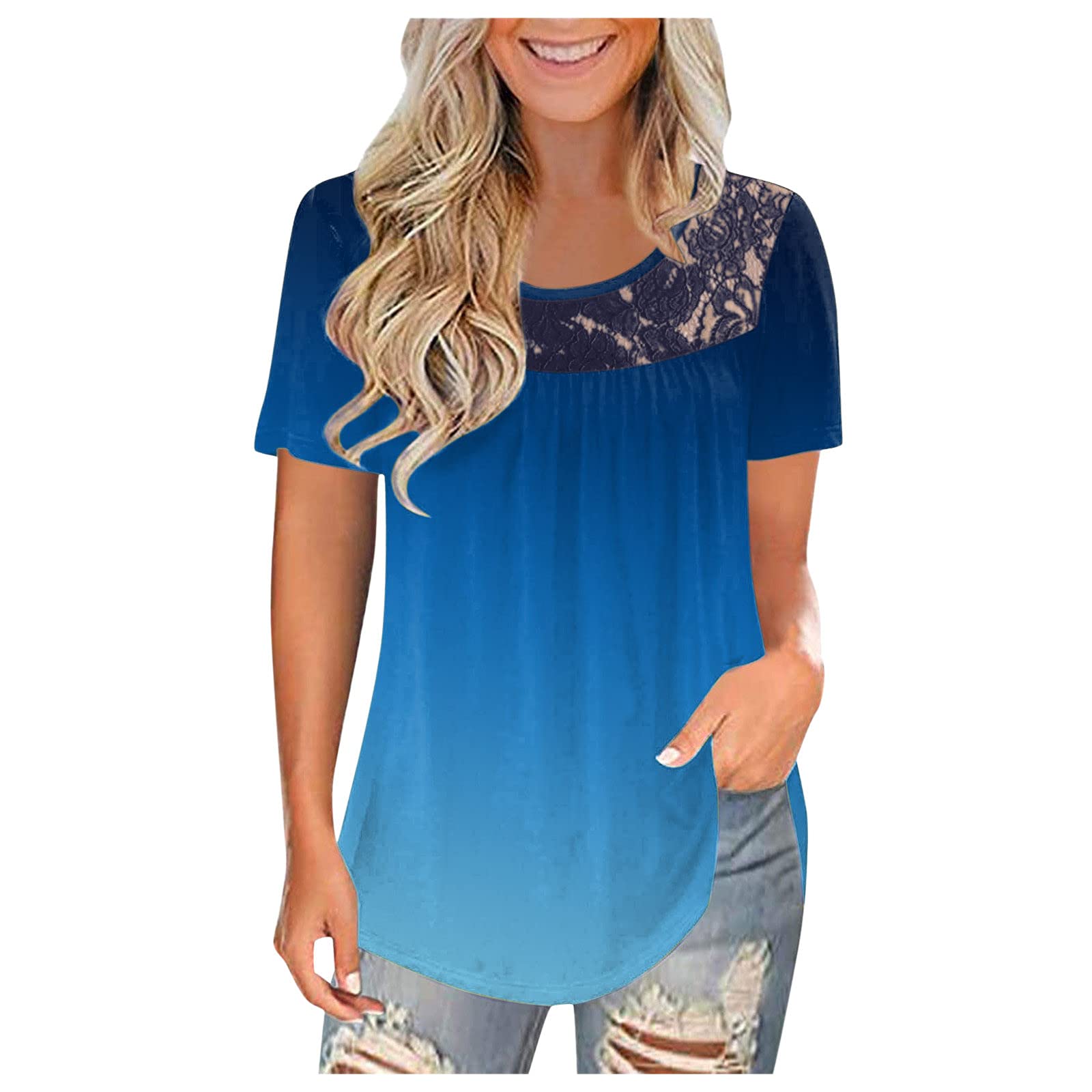 Women's Summer Tops - V Neck Lace Short Sleeve Tie Dye T-Shirts | Loose Casual Tunic Blouse for Beach, Vacation & Everyday Wear