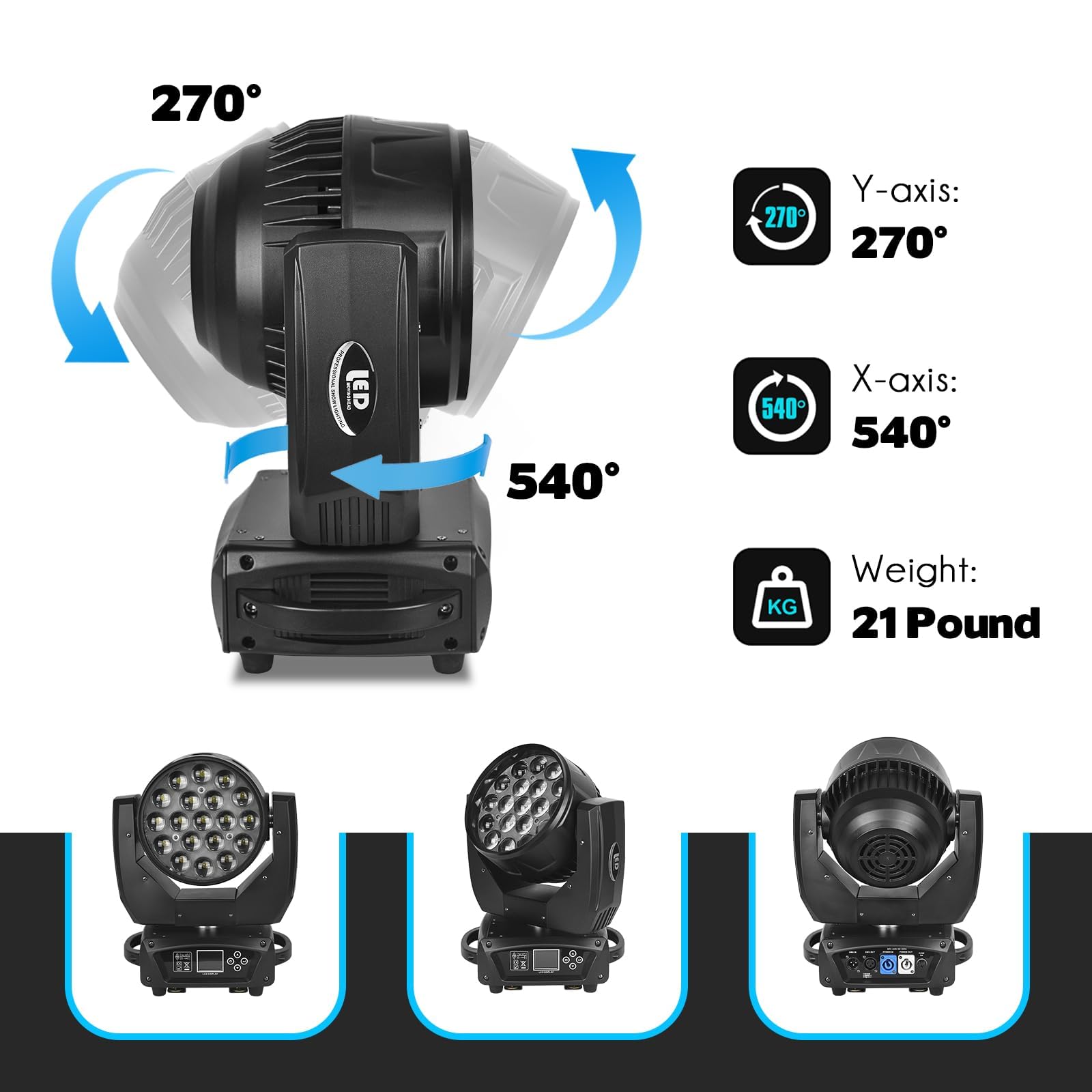 19x15W RGBW 4-in-1 Moving Head LED DJ Light with Beam/Wash Zoom, Sound Activation & DMX Control - Perfect for Stage Shows, Disco Clubs, Wedding Parties and Live Events