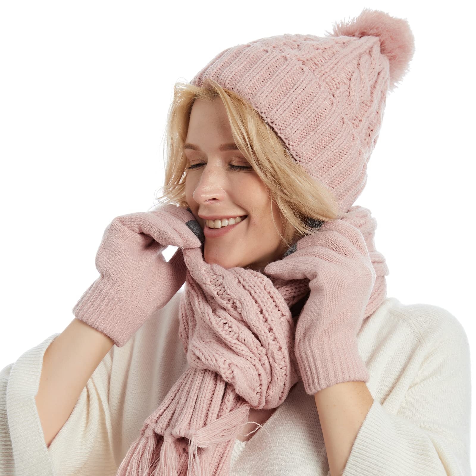 Cozy Fleece Lined Cable Knit Beanie Hat, Scarf & Gloves Set for Women & Men - Winter Warm Accessories for Skiing, Snowboarding & Outdoor Activities