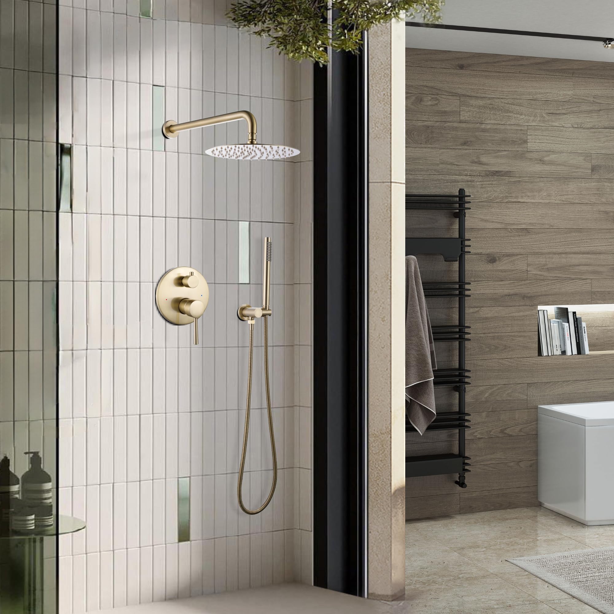 10 Inch Brushed Gold Wall Mount Shower Faucet Set - High Pressure Rainfall Shower Head with Handheld Spray - Brass Bathroom Shower System for Luxury Spa Experience