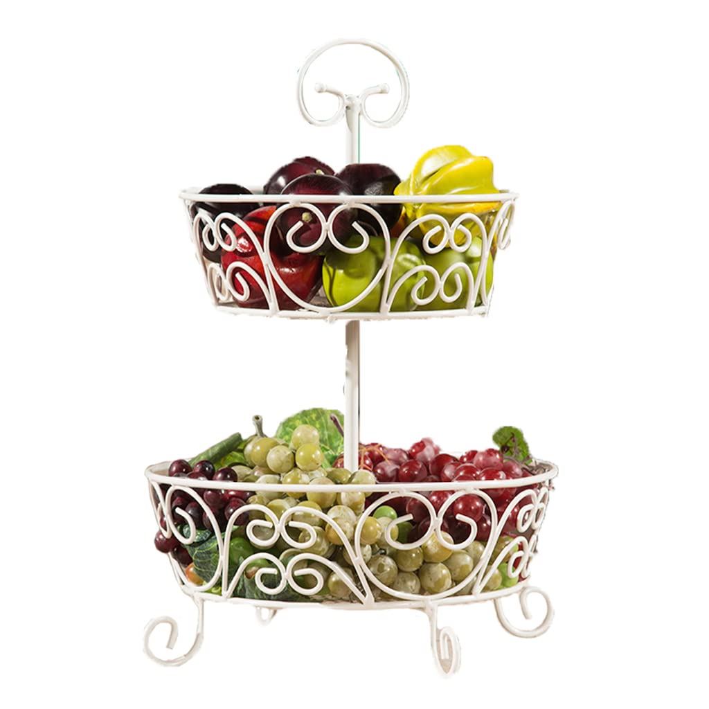2-Tier Wrought Iron Modern Fruit Basket - Large Capacity Portable Snack Storage Stand for Kitchen, Dining Table & Home Decor (White) - Perfect for Fruit Display, Party Serving & Living Room Organization