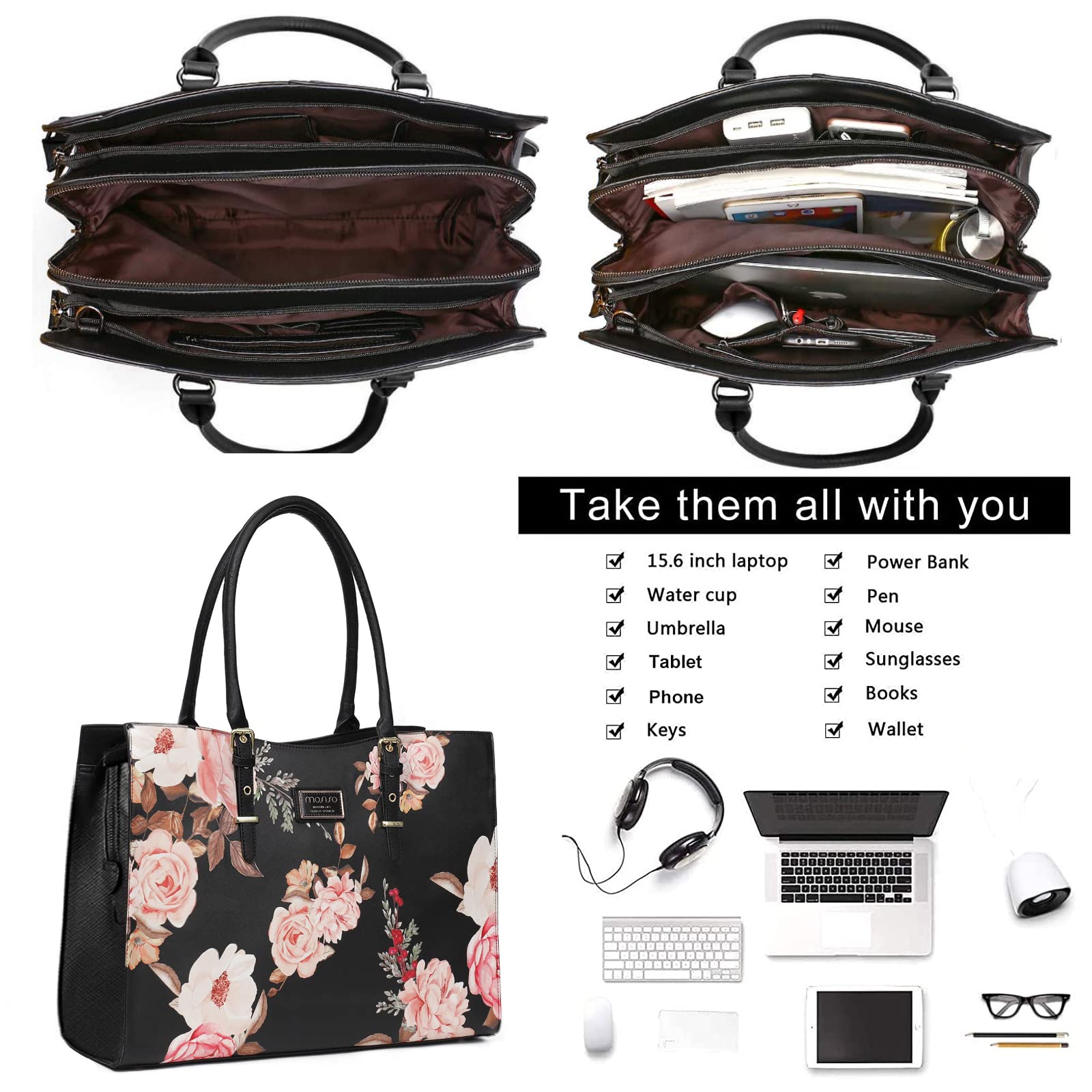 MOSISO 17-17.3 Inch Laptop Tote Bag for MacBook, Notebook & Chromebook - Waterproof PU Leather Travel Work Briefcase with Adjustable Handle (Black) - Perfect for Business, Office & Daily Commute