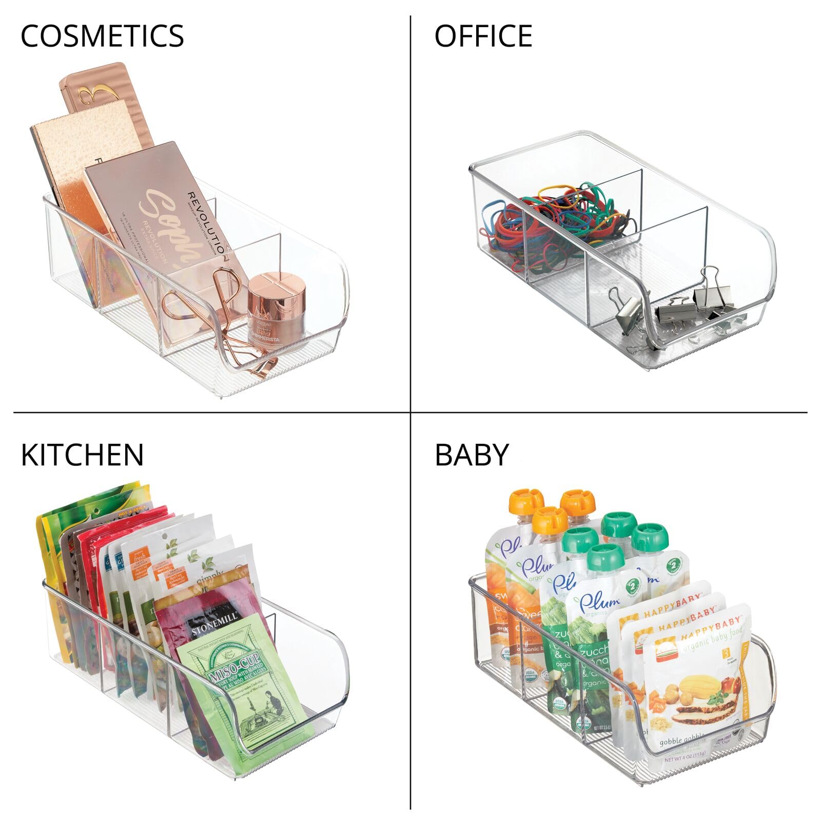 mDesign Clear Plastic 3-Compartment Food Storage Bin Organizer - Kitchen Cabinet, Pantry, Shelf, Drawer, Fridge & Freezer Organization - Perfect for Snack Bars, Cereal & Dry Goods - Ligne Collection 2-Pack - Ideal for Meal Prep & Space Saving Storage