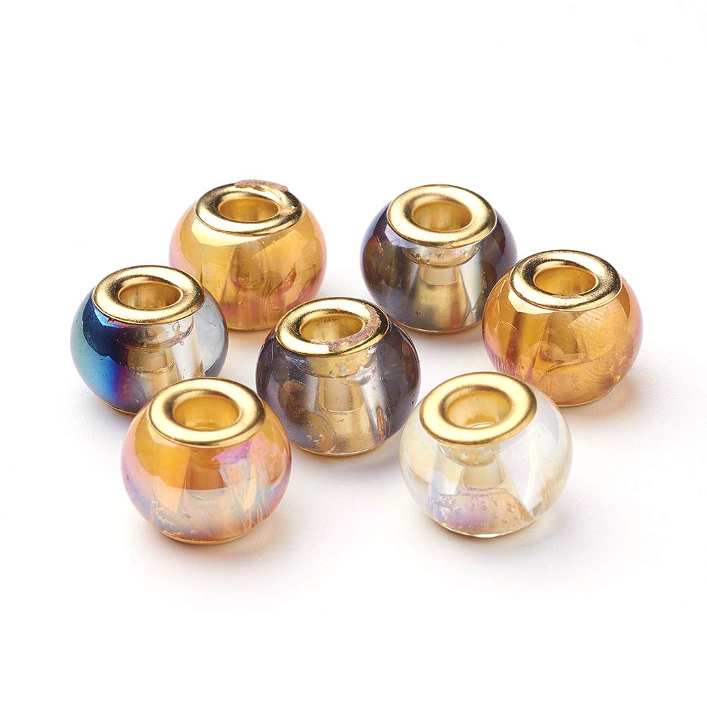 Craftdady 100pcs Large Hole Glass European Beads 15x11mm Rondelle Slide Charms with Brass Double Cores - 5mm Hole for DIY Snake Chain Bracelet Jewelry Making - Perfect for Bohemian Style, Handmade Necklaces & Craft Projects
